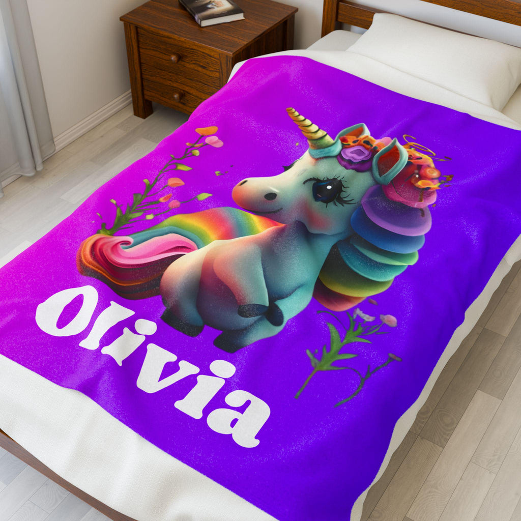 Custom Unicorn Blanket: Personalized Plush Velveteen Throw for Kids' Bedrooms & Magical Naptime