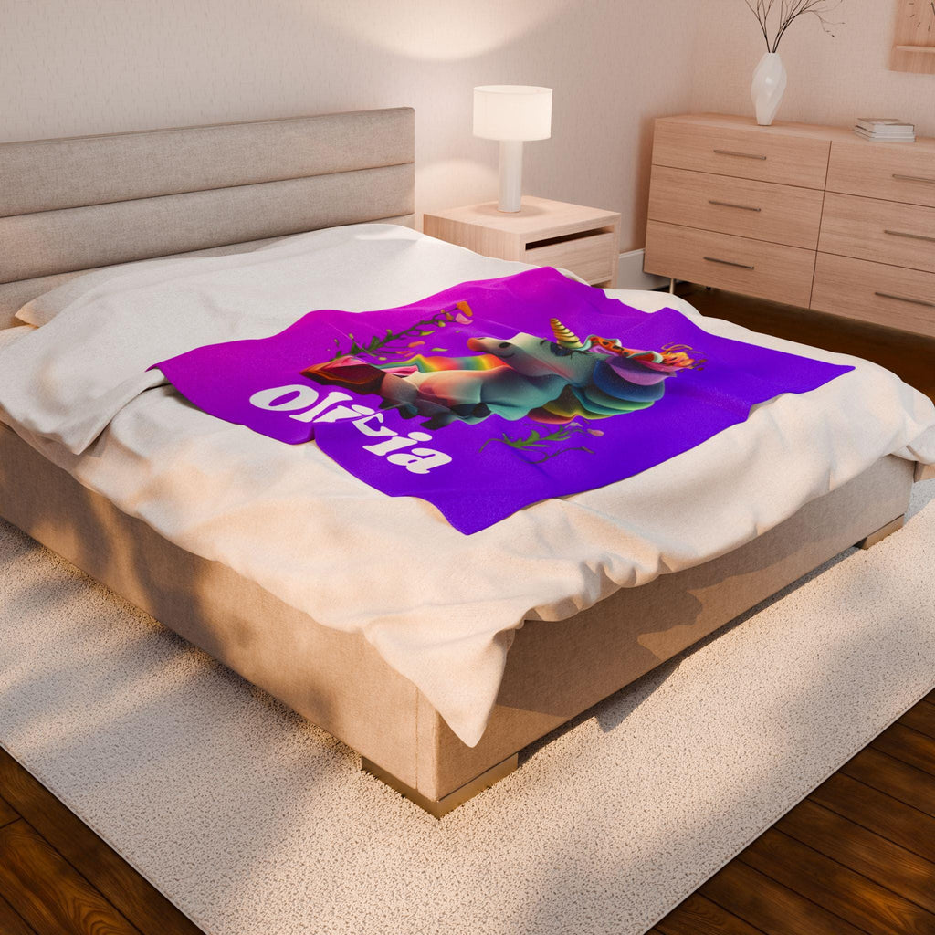 Custom Unicorn Blanket: Personalized Plush Velveteen Throw for Kids' Bedrooms & Magical Naptime