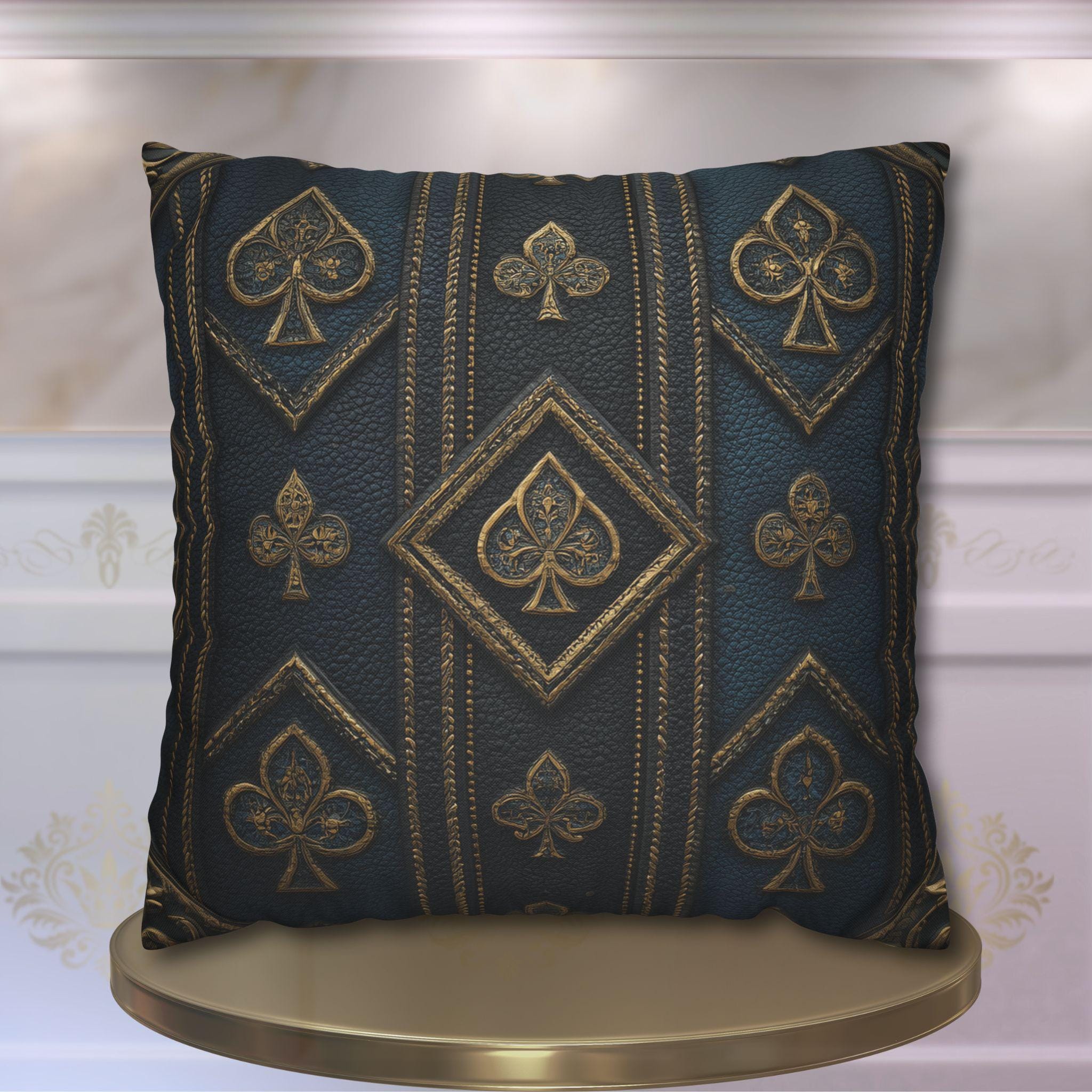Blue & Gold Playing Card Pillow Cover: Gothic Game Room Decor