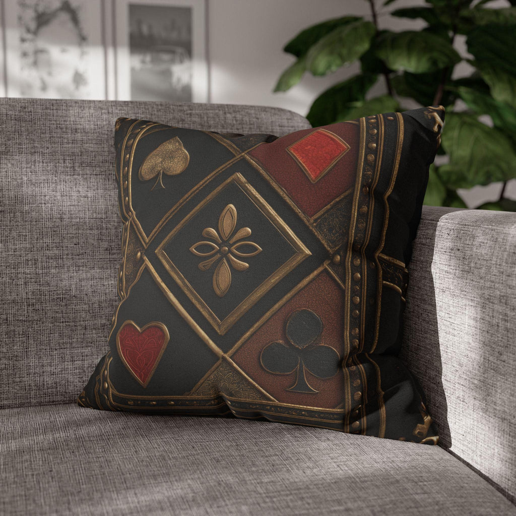 Luxurious Playing Card Pillow Cover: Red, Black & Gold Poker Suit Design for Masculine Decor