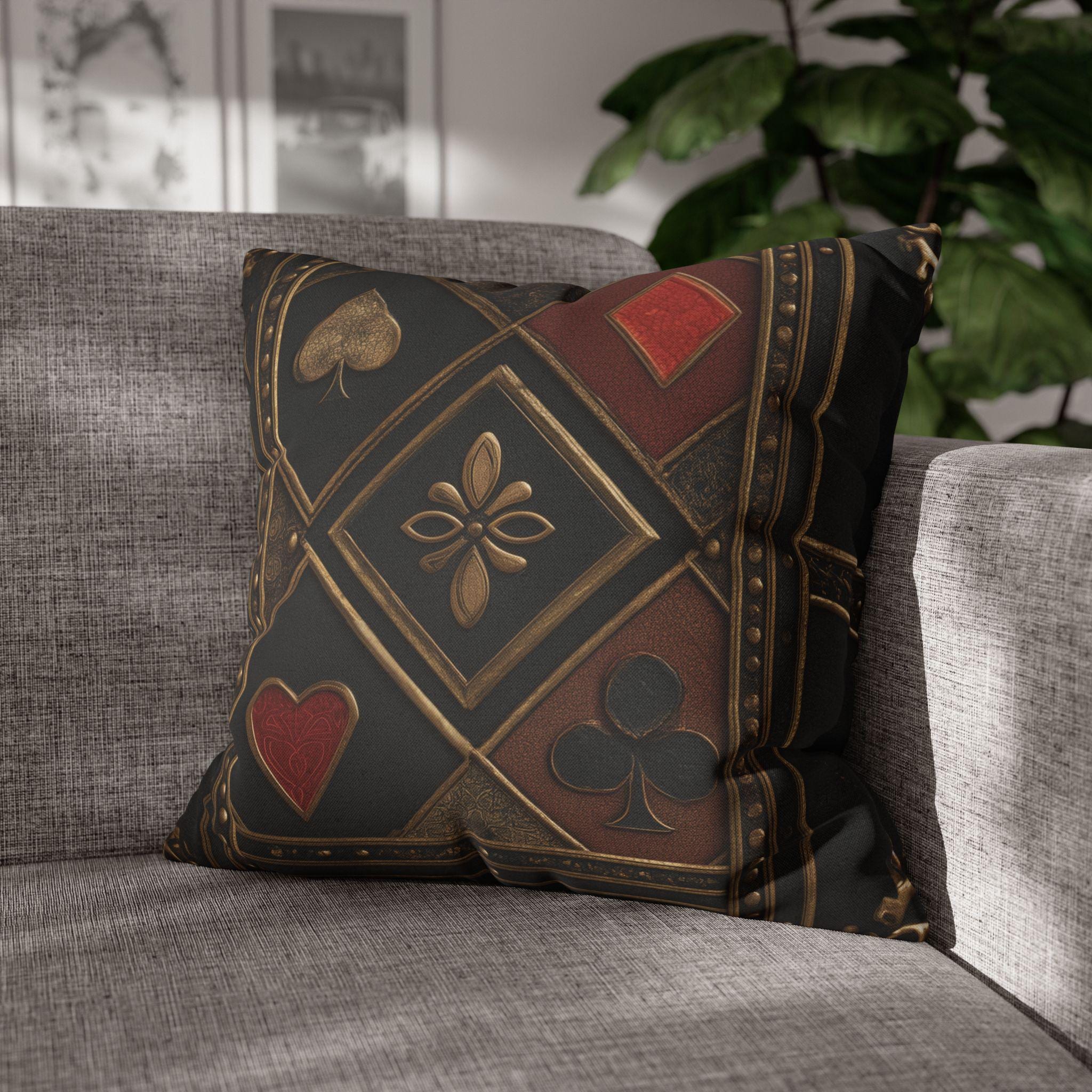 Luxurious Playing Card Pillow Cover: Red, Black & Gold Poker Suit Design for Masculine Decor
