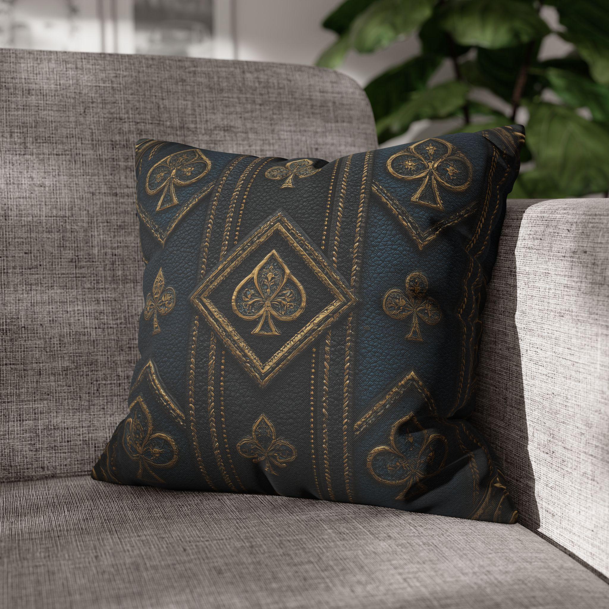 Blue & Gold Playing Card Pillow Cover: Gothic Game Room Decor