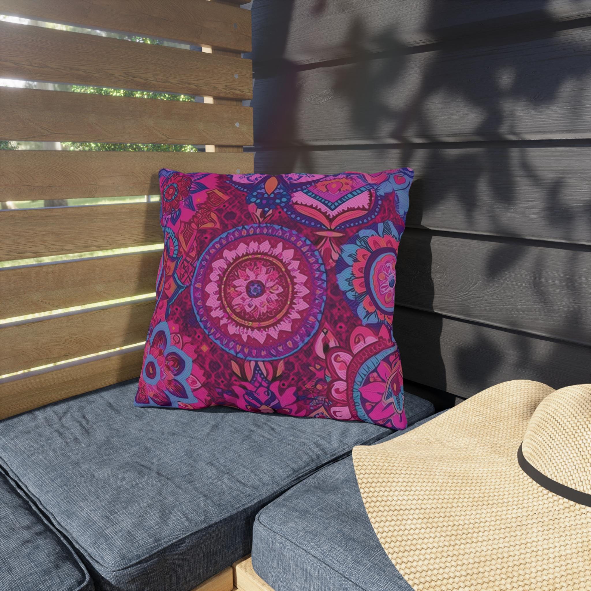 Vibrant Boho Mandala Outdoor Pillow: Pink Purple Decorative Patio Cushion for Garden & Porch Decor
