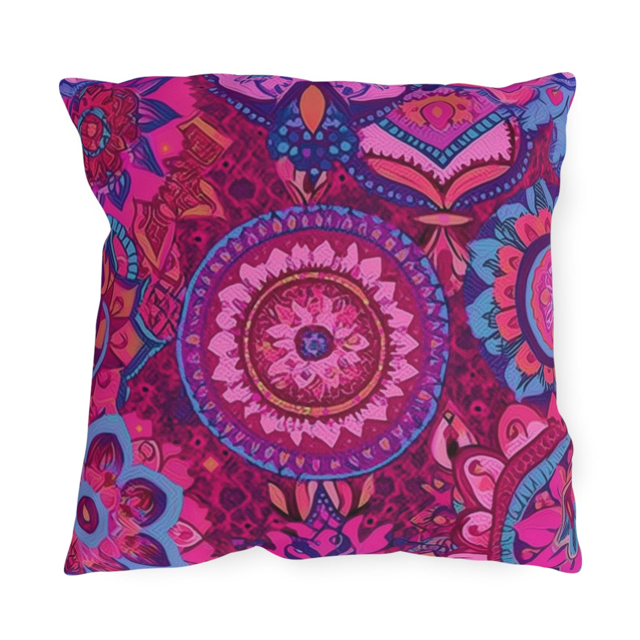 Vibrant Boho Mandala Outdoor Pillow: Pink Purple Decorative Patio Cushion for Garden & Porch Decor