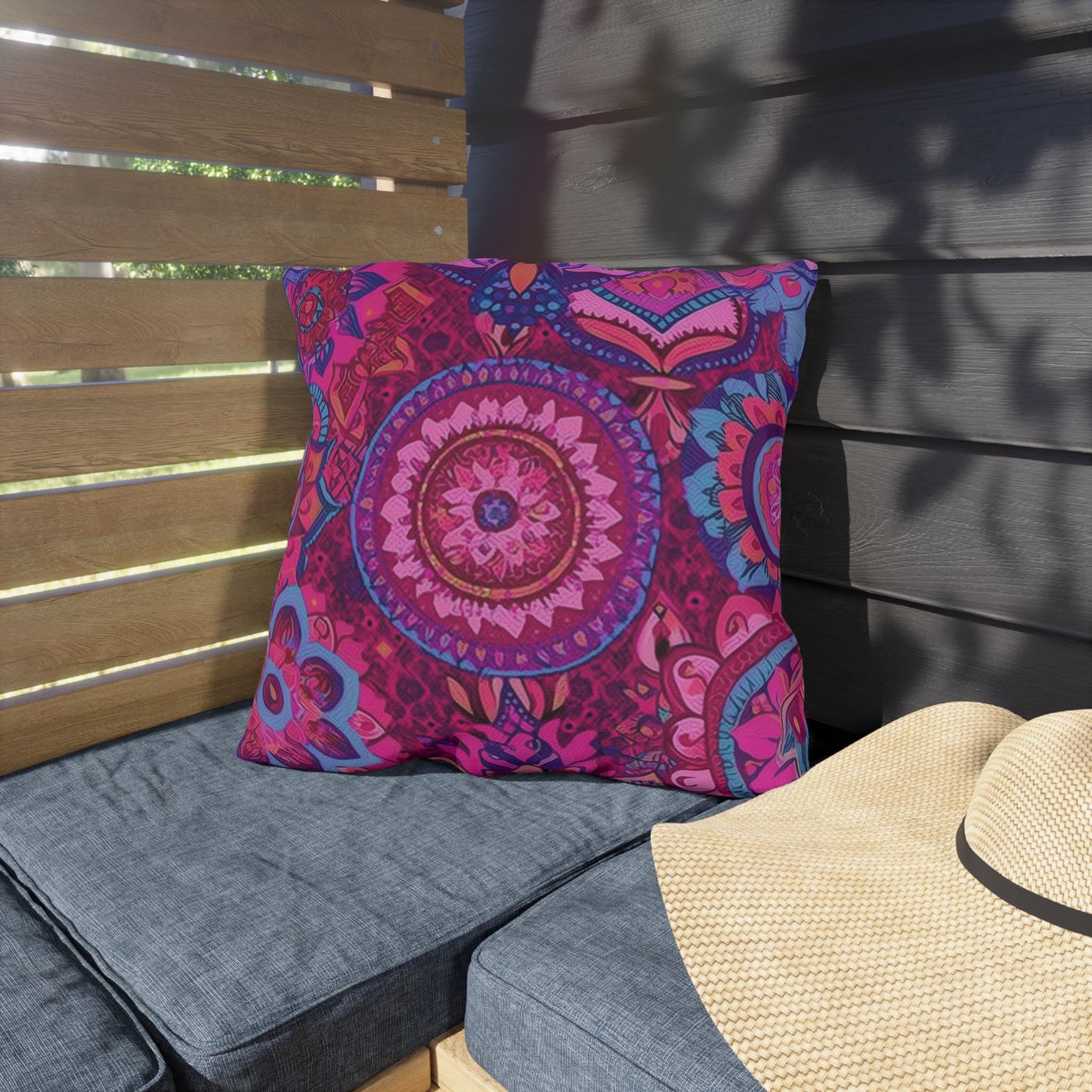 Vibrant Boho Mandala Outdoor Pillow: Pink Purple Decorative Patio Cushion for Garden & Porch Decor