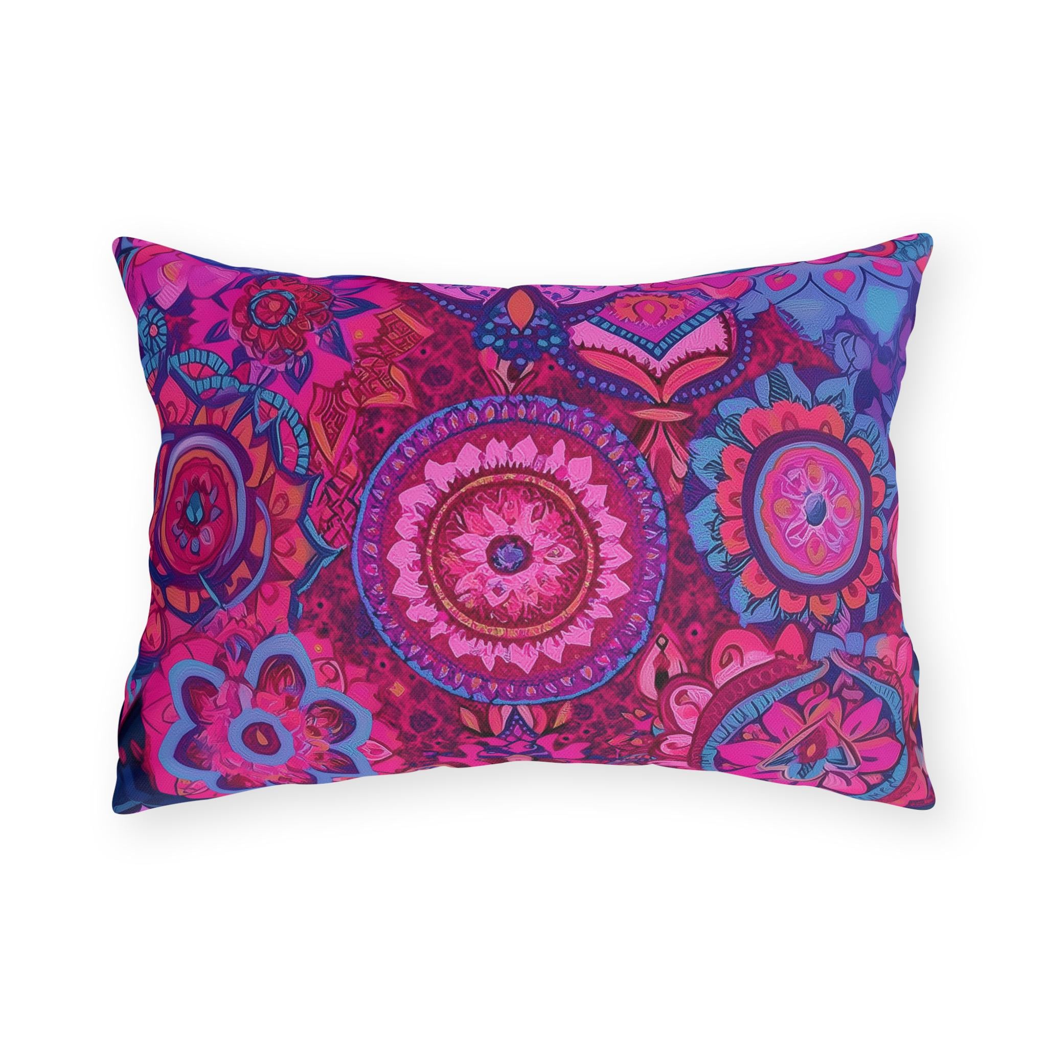 Vibrant Boho Mandala Outdoor Pillow: Pink Purple Decorative Patio Cushion for Garden & Porch Decor