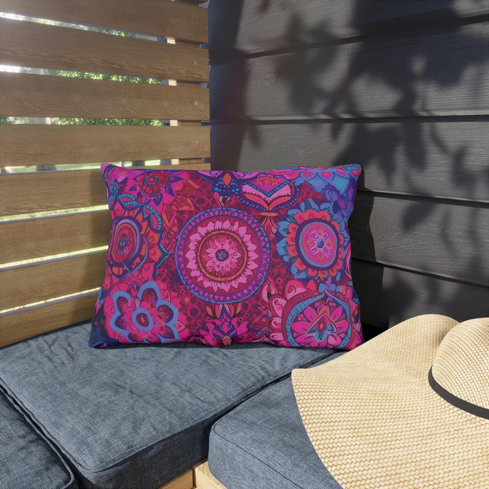 Vibrant Boho Mandala Outdoor Pillow: Pink Purple Decorative Patio Cushion for Garden & Porch Decor