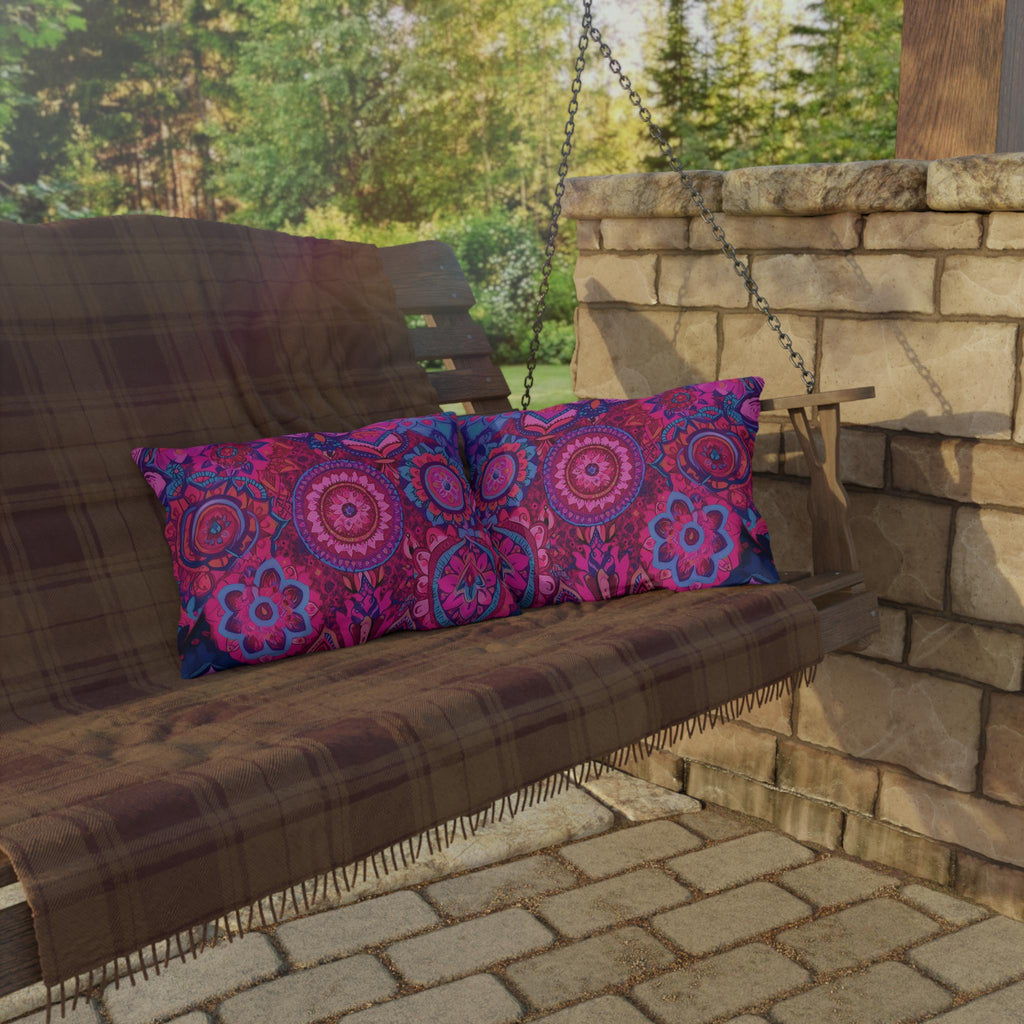 Vibrant Boho Mandala Outdoor Pillow: Pink Purple Decorative Patio Cushion for Garden & Porch Decor