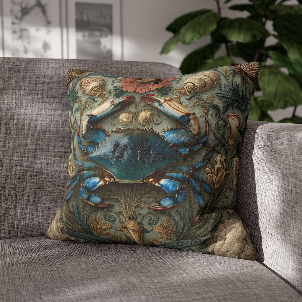 William Morris Inspired Blue Crab Coastal Pillow Cover: Maryland Nautical Charm for Home Decor