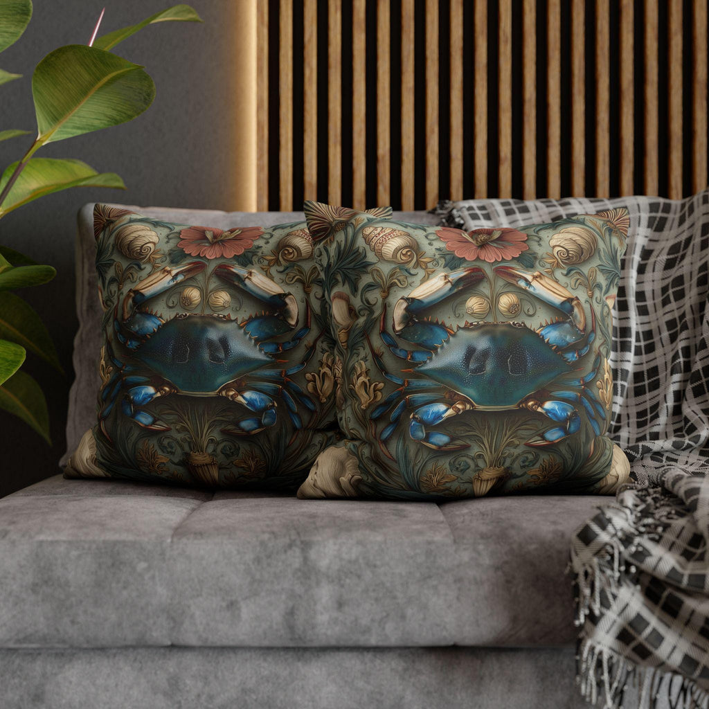 William Morris Inspired Blue Crab Coastal Pillow Cover: Maryland Nautical Charm for Home Decor