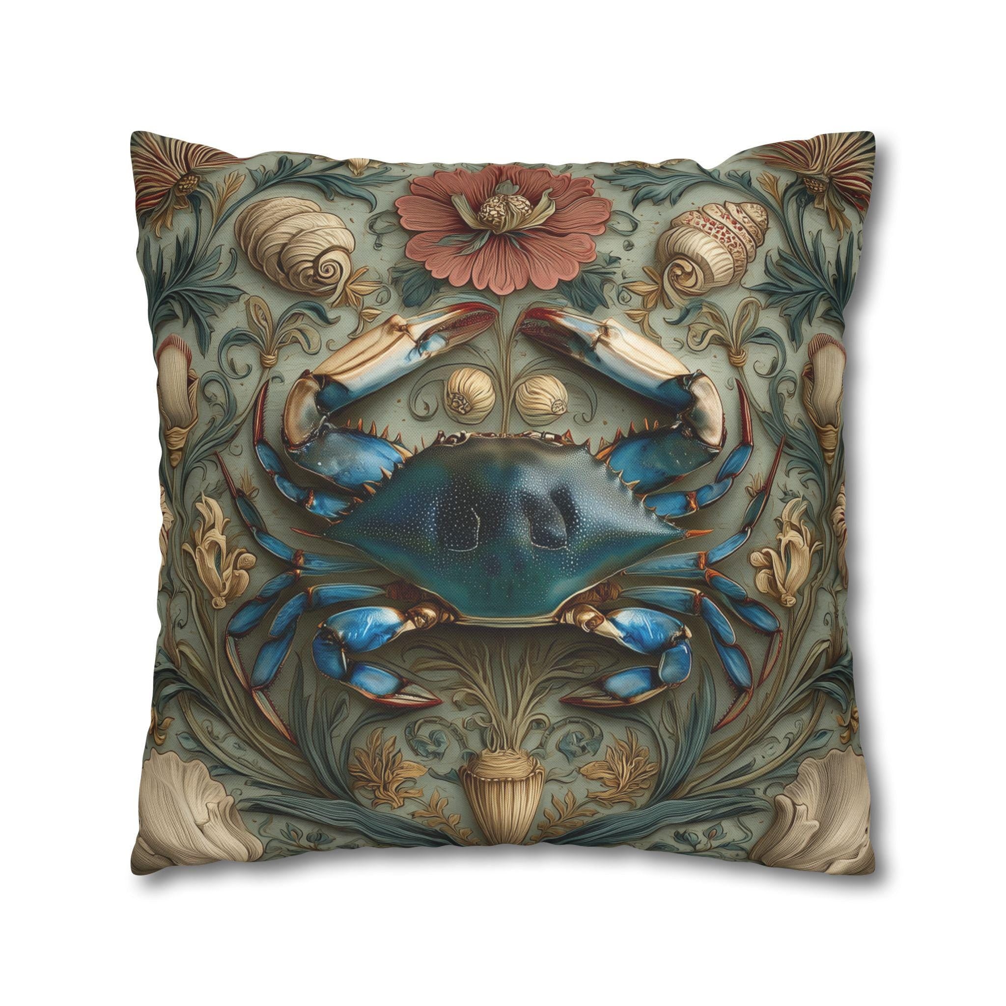 William Morris Inspired Blue Crab Coastal Pillow Cover: Maryland Nautical Charm for Home Decor