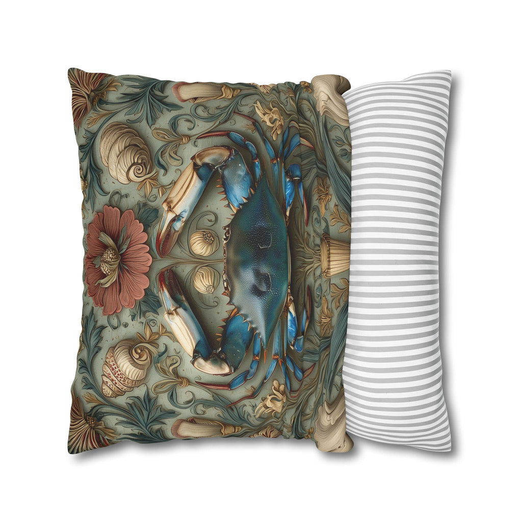 William Morris Inspired Blue Crab Coastal Pillow Cover: Maryland Nautical Charm for Home Decor