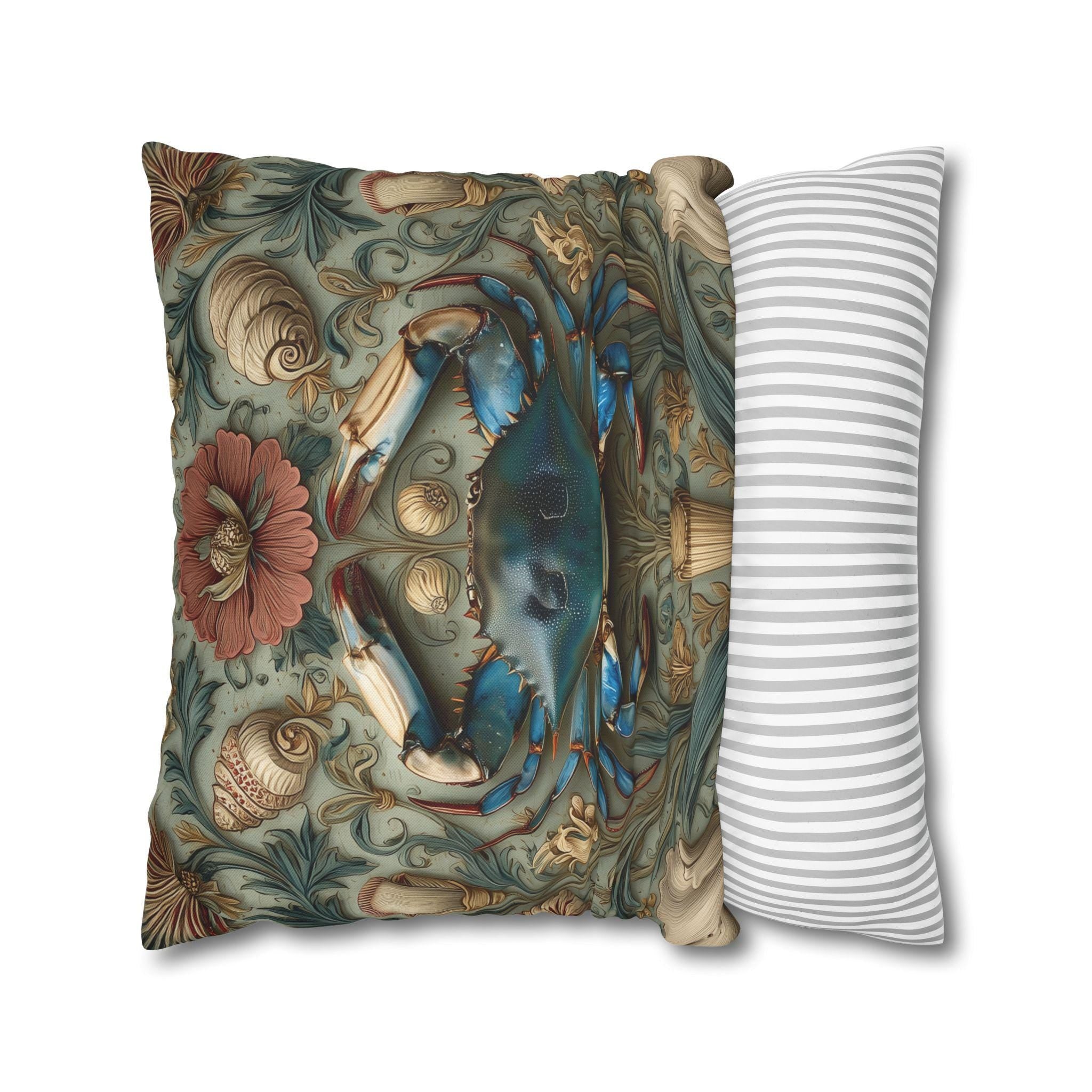 William Morris Inspired Blue Crab Coastal Pillow Cover: Maryland Nautical Charm for Home Decor