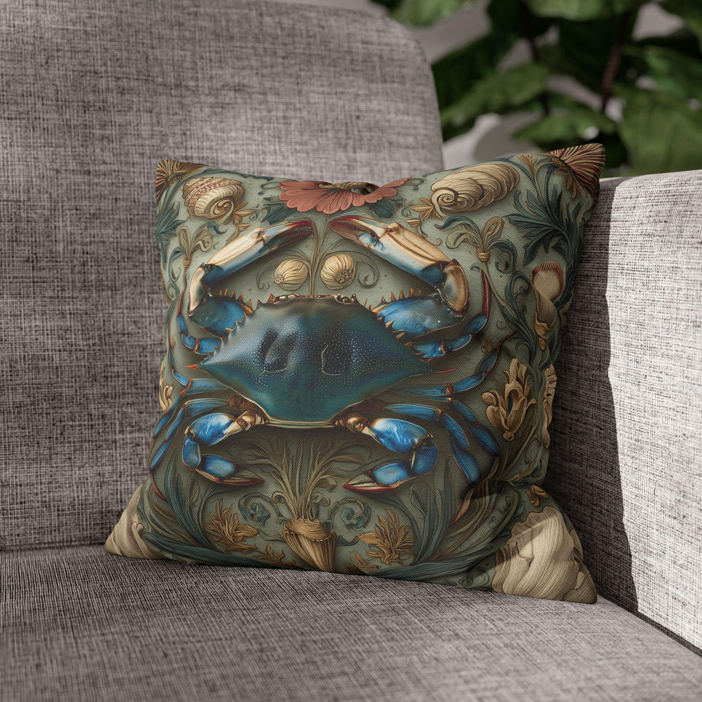 William Morris Inspired Blue Crab Coastal Pillow Cover: Maryland Nautical Charm for Home Decor