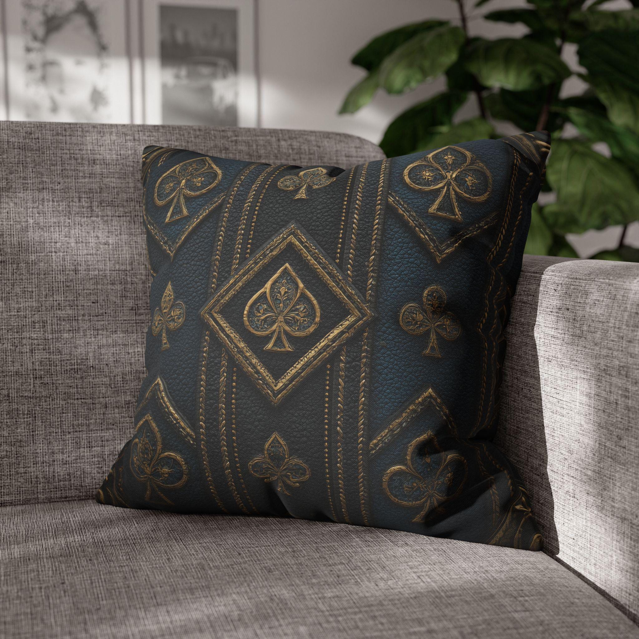 Blue & Gold Playing Card Pillow Cover: Gothic Game Room Decor