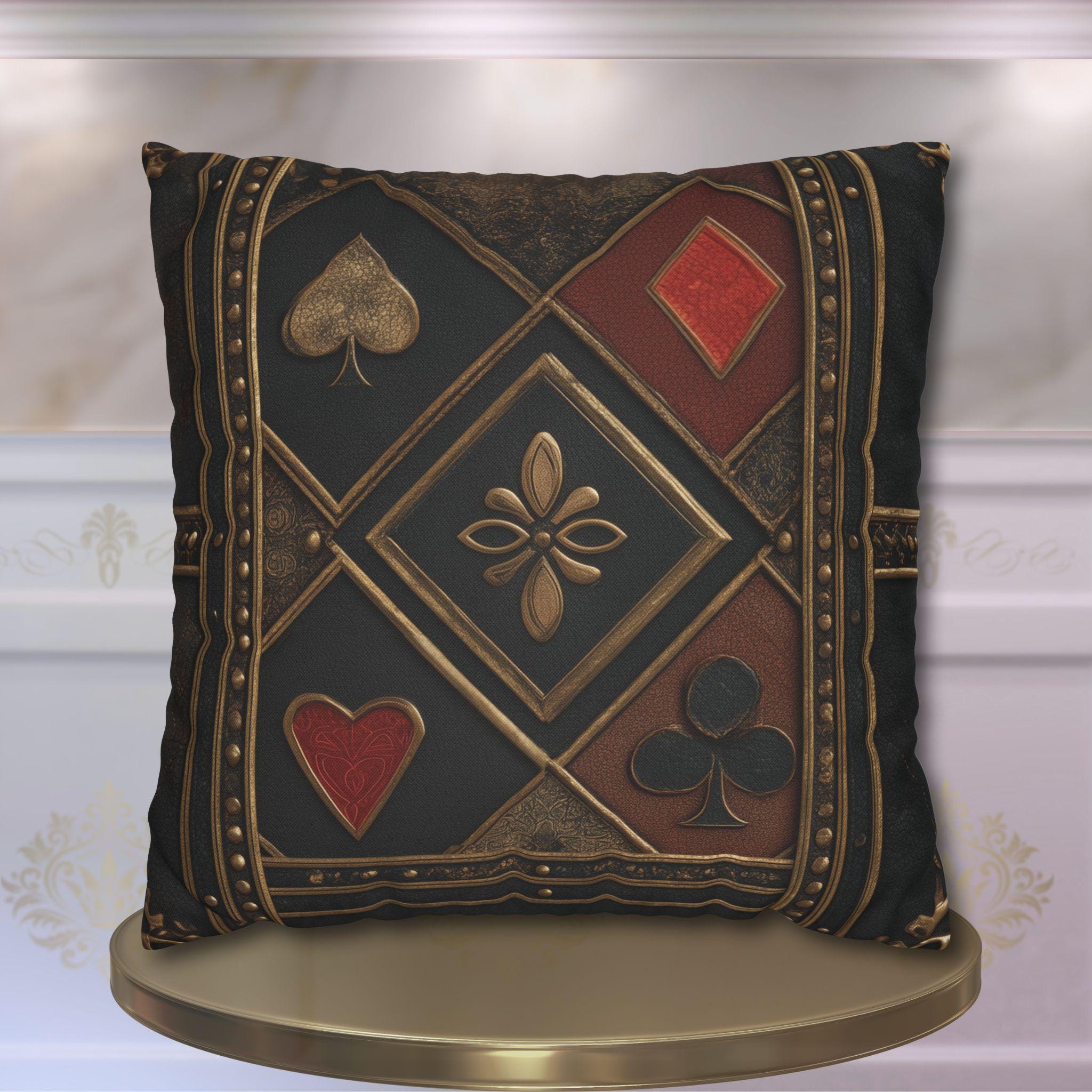 Luxurious Playing Card Pillow Cover: Red, Black & Gold Poker Suit Design for Masculine Decor
