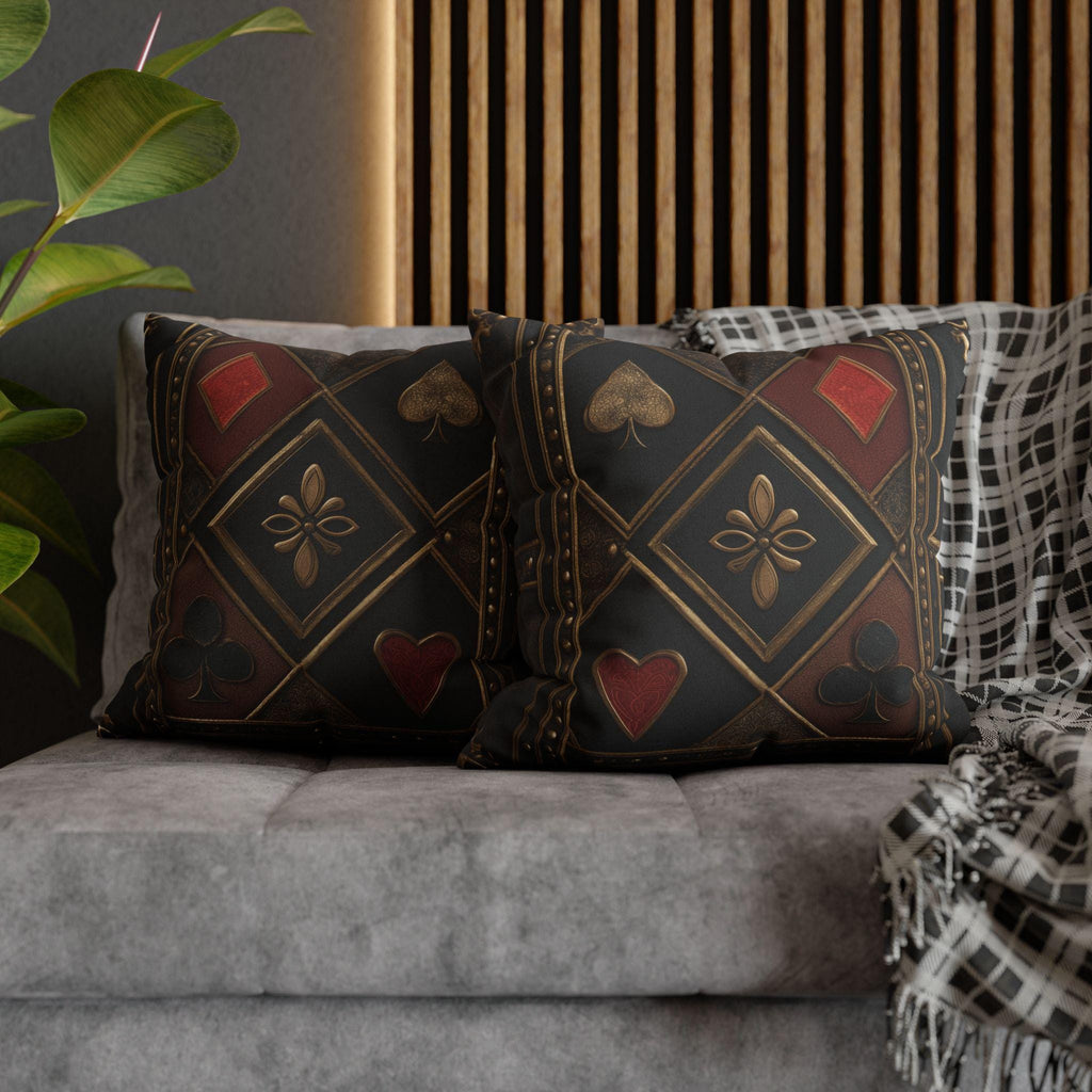 Luxurious Playing Card Pillow Cover: Red, Black & Gold Poker Suit Design for Masculine Decor