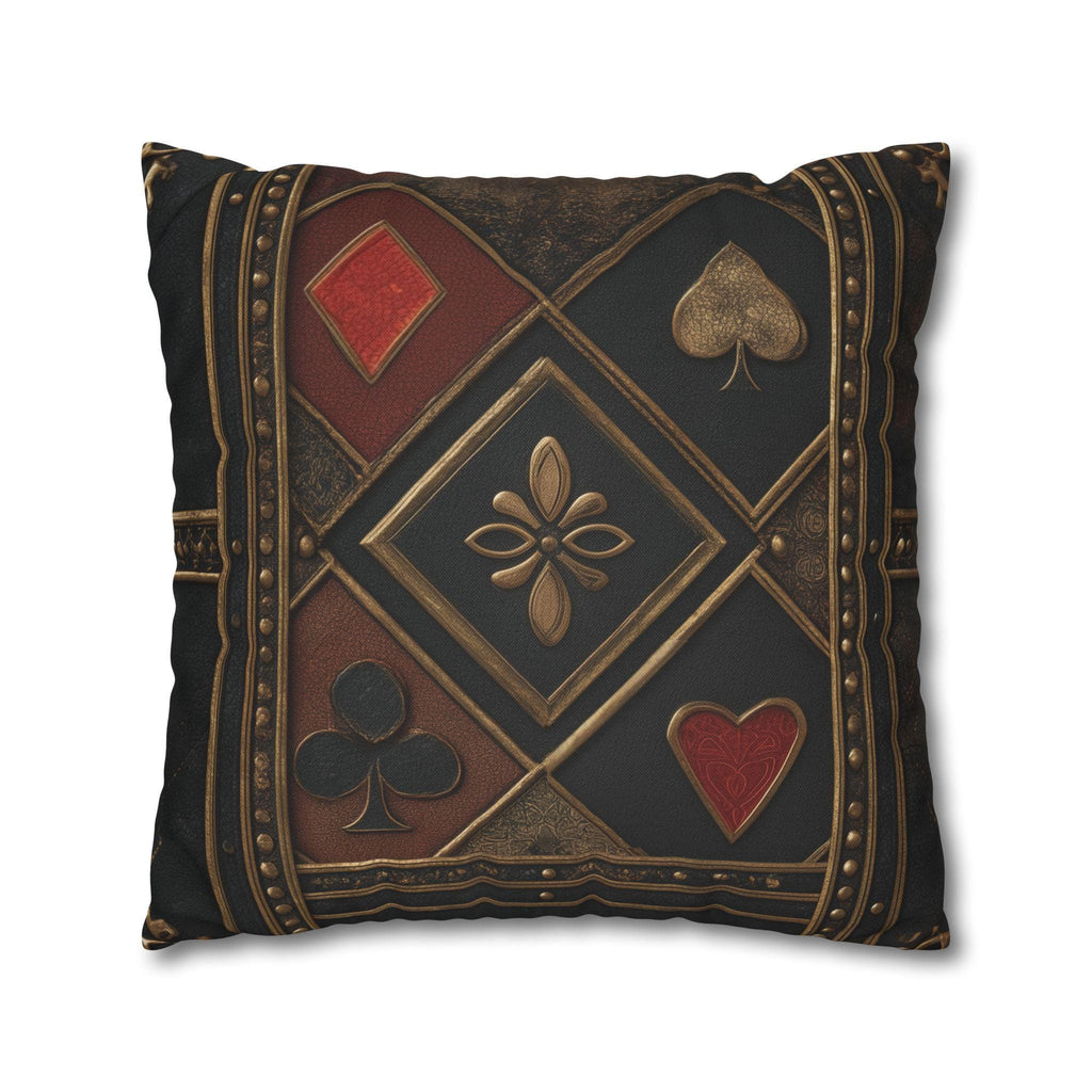 Luxurious Playing Card Pillow Cover: Red, Black & Gold Poker Suit Design for Masculine Decor