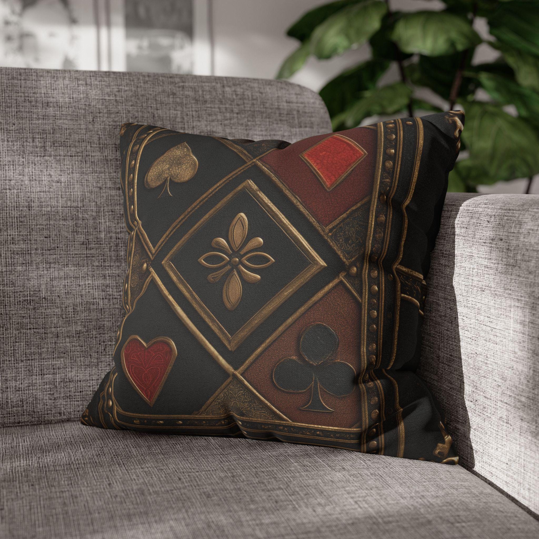Luxurious Playing Card Pillow Cover: Red, Black & Gold Poker Suit Design for Masculine Decor
