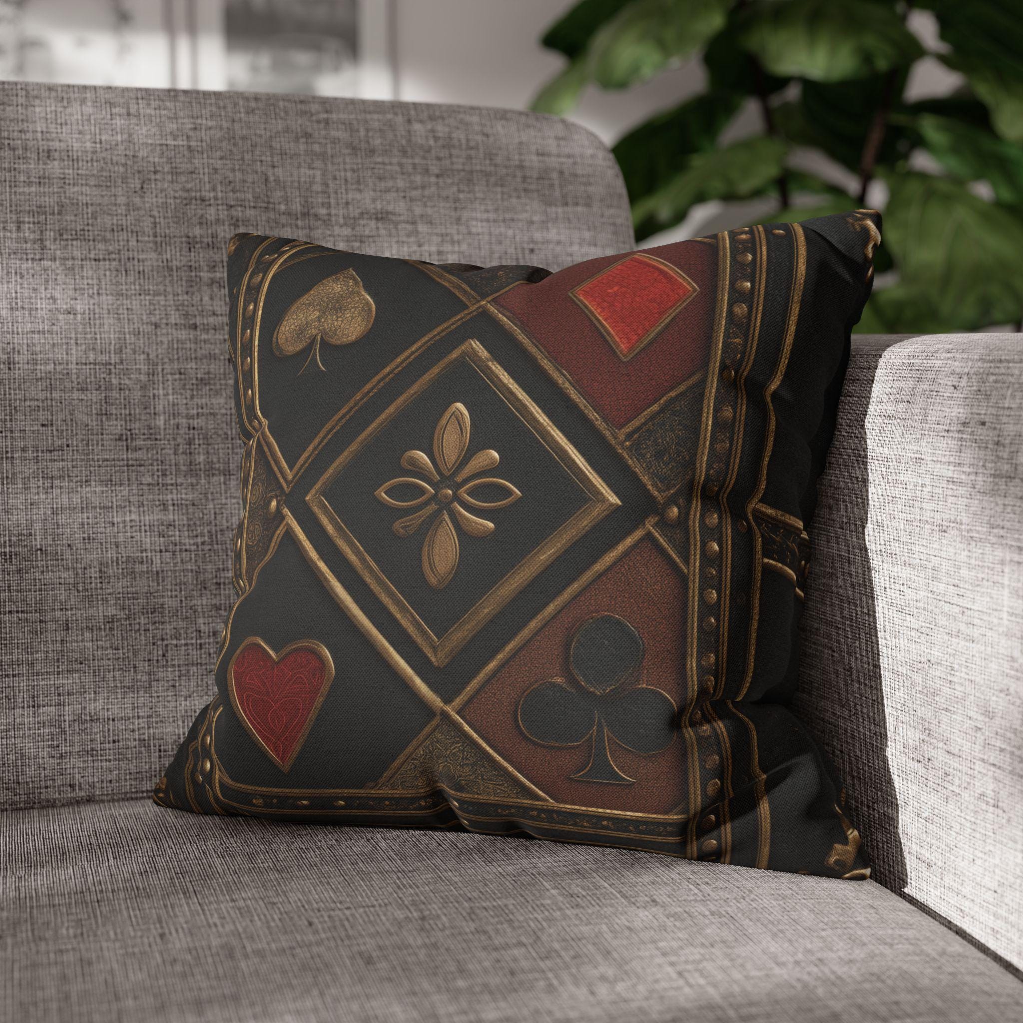 Luxurious Playing Card Pillow Cover: Red, Black & Gold Poker Suit Design for Masculine Decor