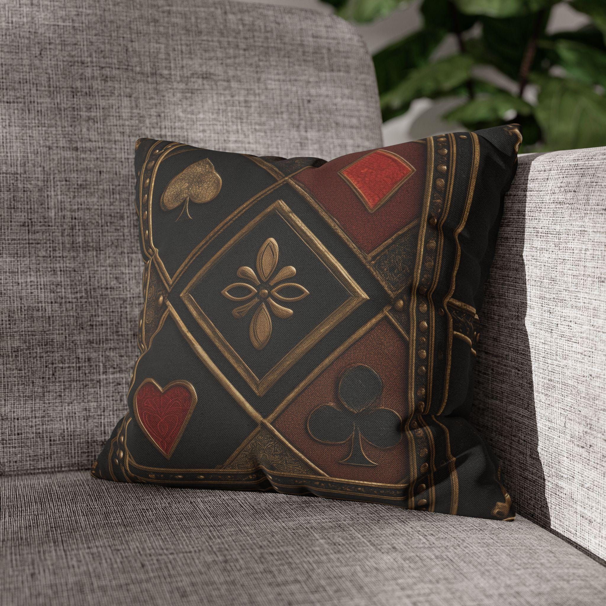 Luxurious Playing Card Pillow Cover: Red, Black & Gold Poker Suit Design for Masculine Decor