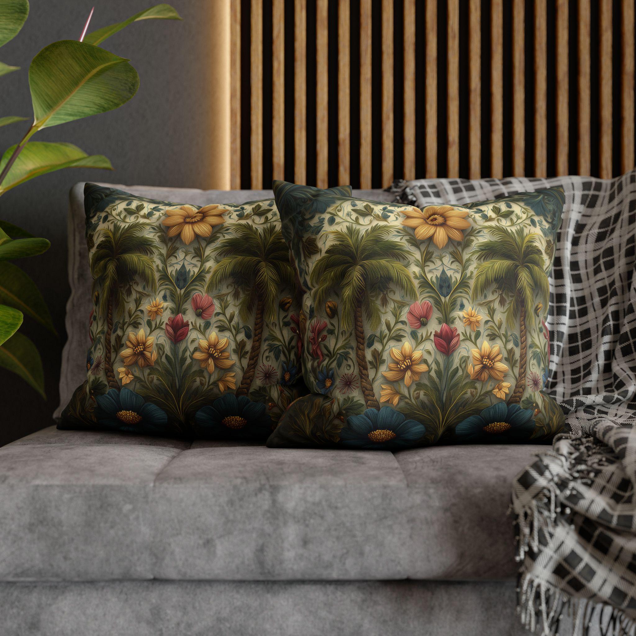 William Morris Inspired Tropical Palm Tree Pillow Cover: Sunset Coastal Botanical Cushion Decor