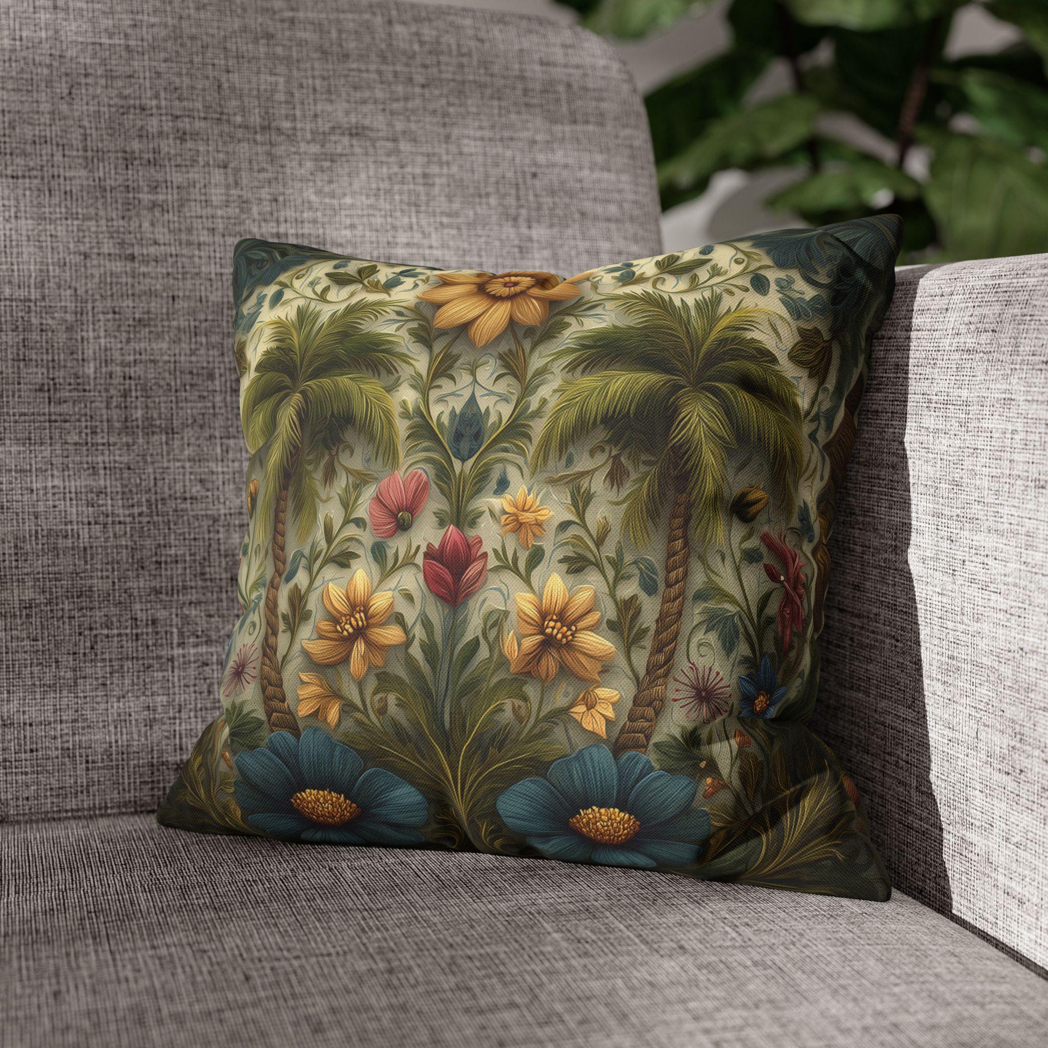 William Morris Inspired Tropical Palm Tree Pillow Cover: Sunset Coastal Botanical Cushion Decor