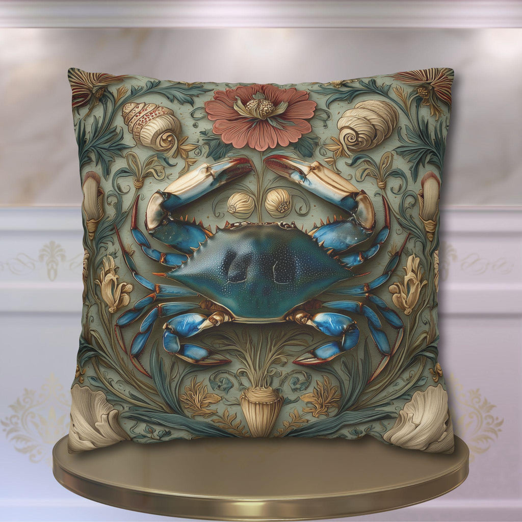 William Morris Inspired Blue Crab Coastal Pillow Cover: Maryland Nautical Charm for Home Decor