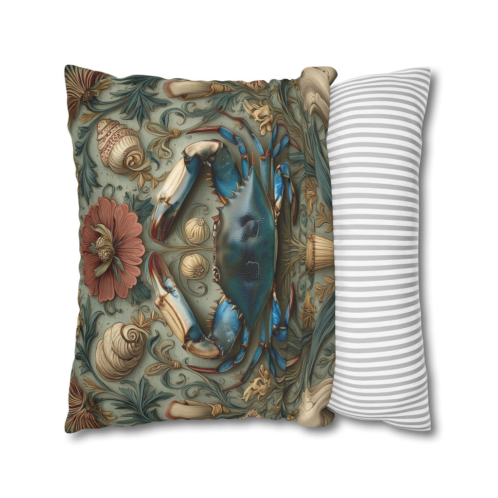 William Morris Inspired Blue Crab Coastal Pillow Cover: Maryland Nautical Charm for Home Decor