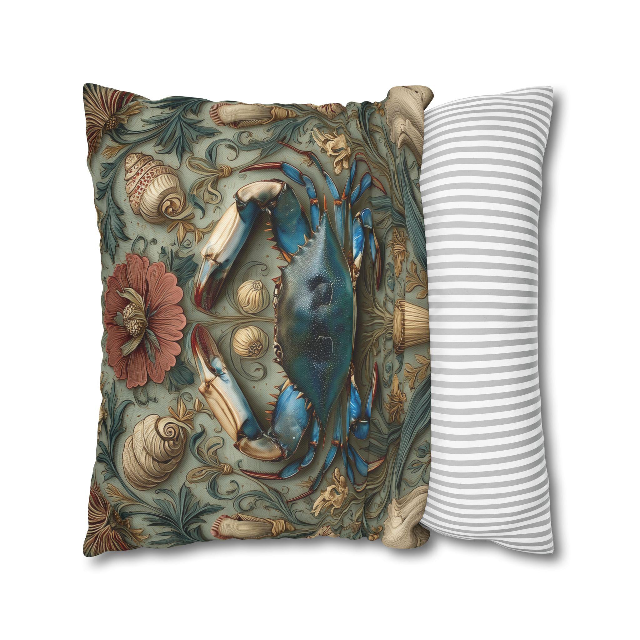 William Morris Inspired Blue Crab Coastal Pillow Cover: Maryland Nautical Charm for Home Decor