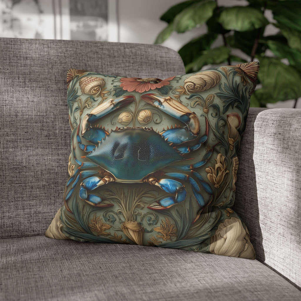 William Morris Inspired Blue Crab Coastal Pillow Cover: Maryland Nautical Charm for Home Decor
