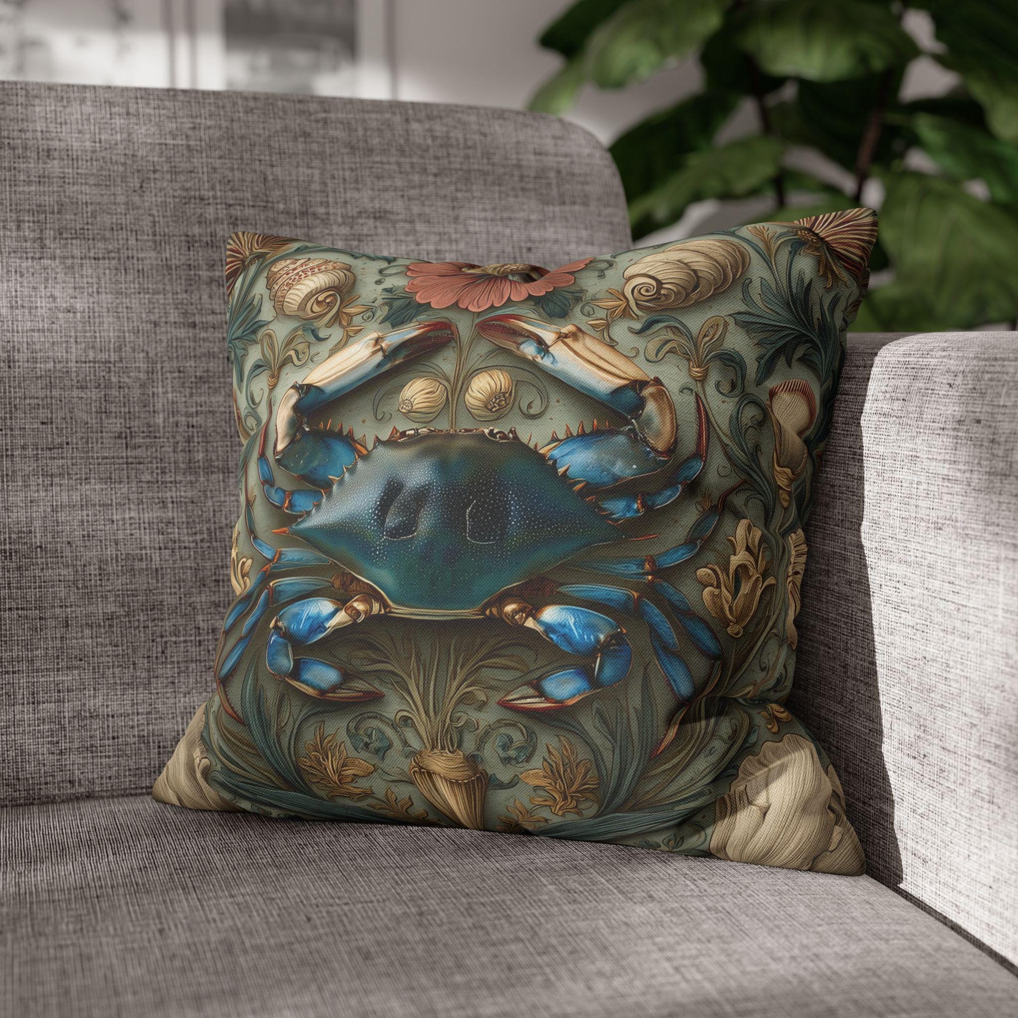 William Morris Inspired Blue Crab Coastal Pillow Cover: Maryland Nautical Charm for Home Decor