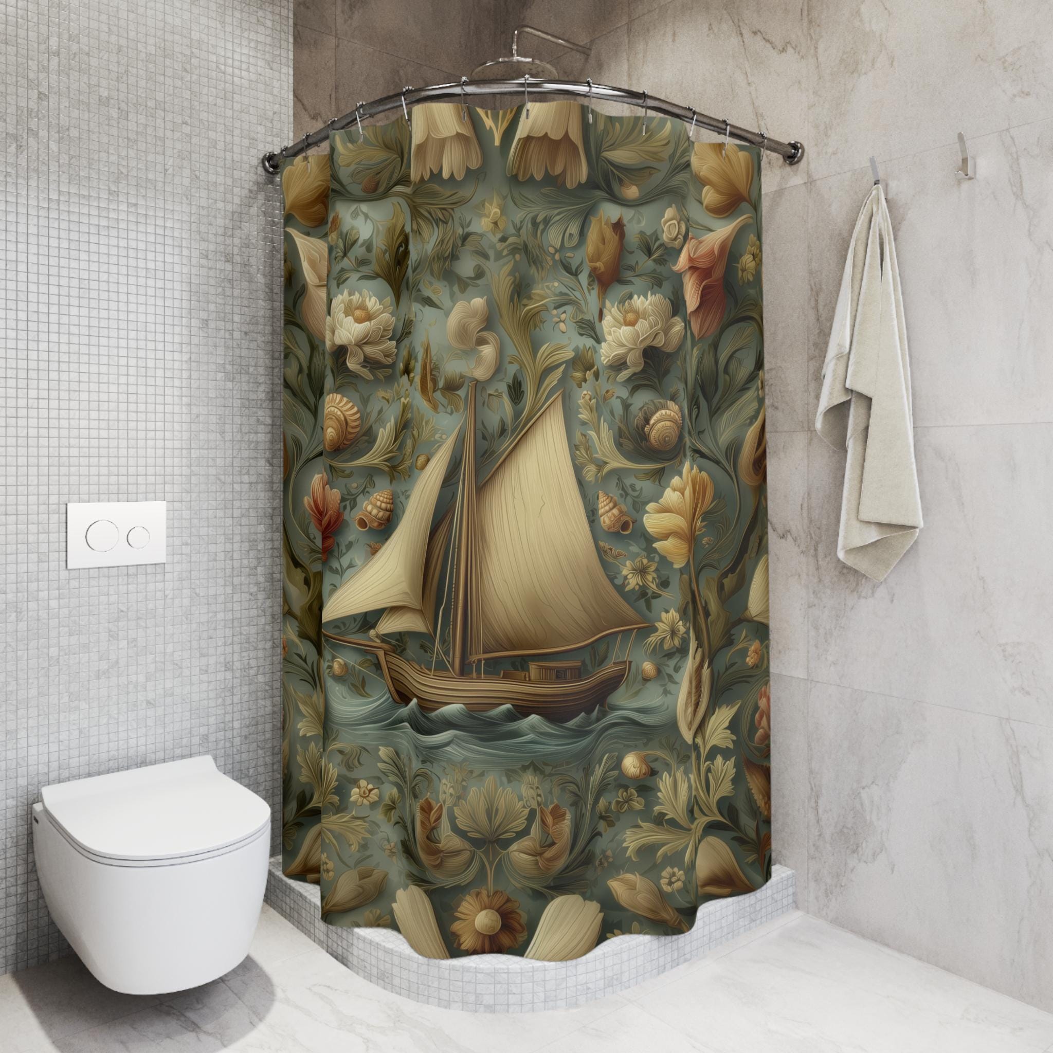 William Morris Nautical Shower Curtain: Teal & Gold Sailboat Floral