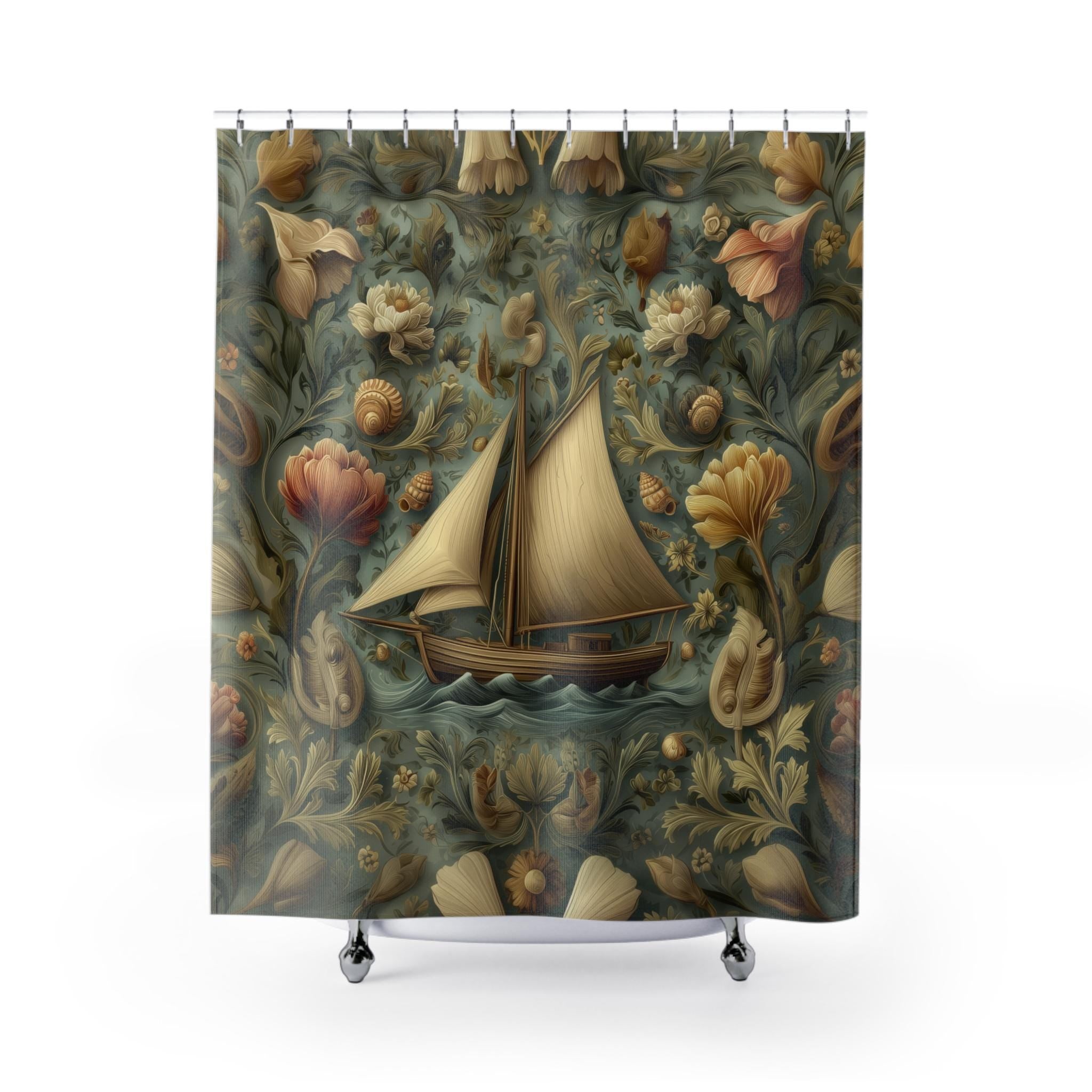 William Morris Nautical Shower Curtain: Teal & Gold Sailboat Floral