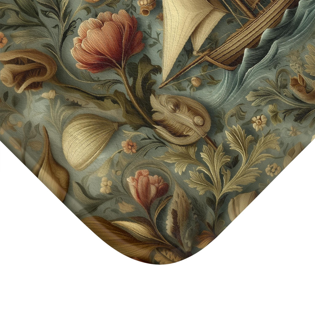 William Morris Inspired Bath Mat: Vintage Style Sailboat Seashell Design
