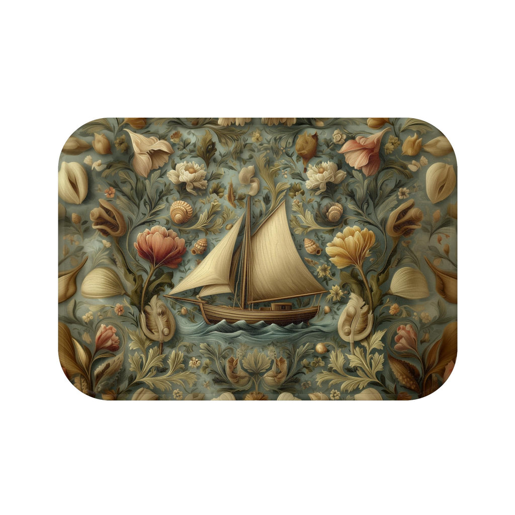 William Morris Inspired Bath Mat: Vintage Style Sailboat Seashell Design
