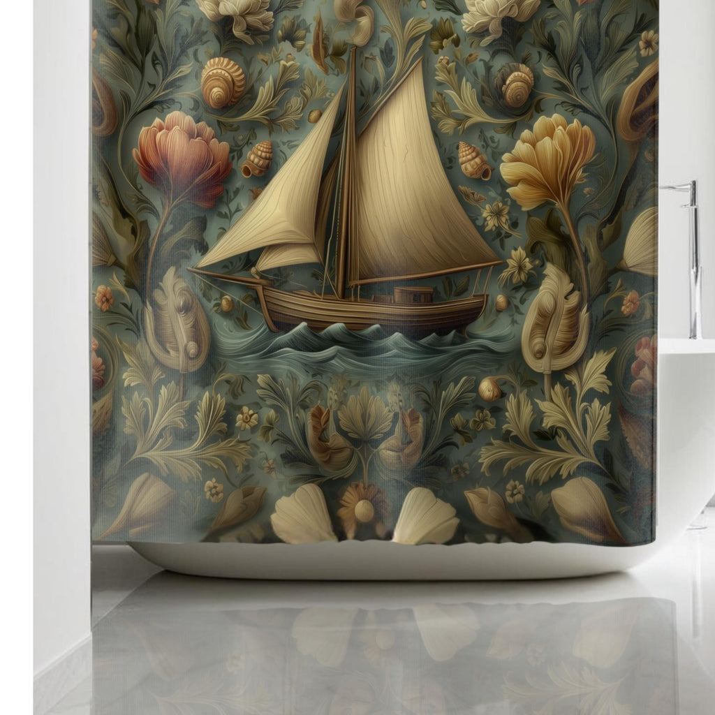 William Morris Nautical Shower Curtain: Teal & Gold Sailboat Floral