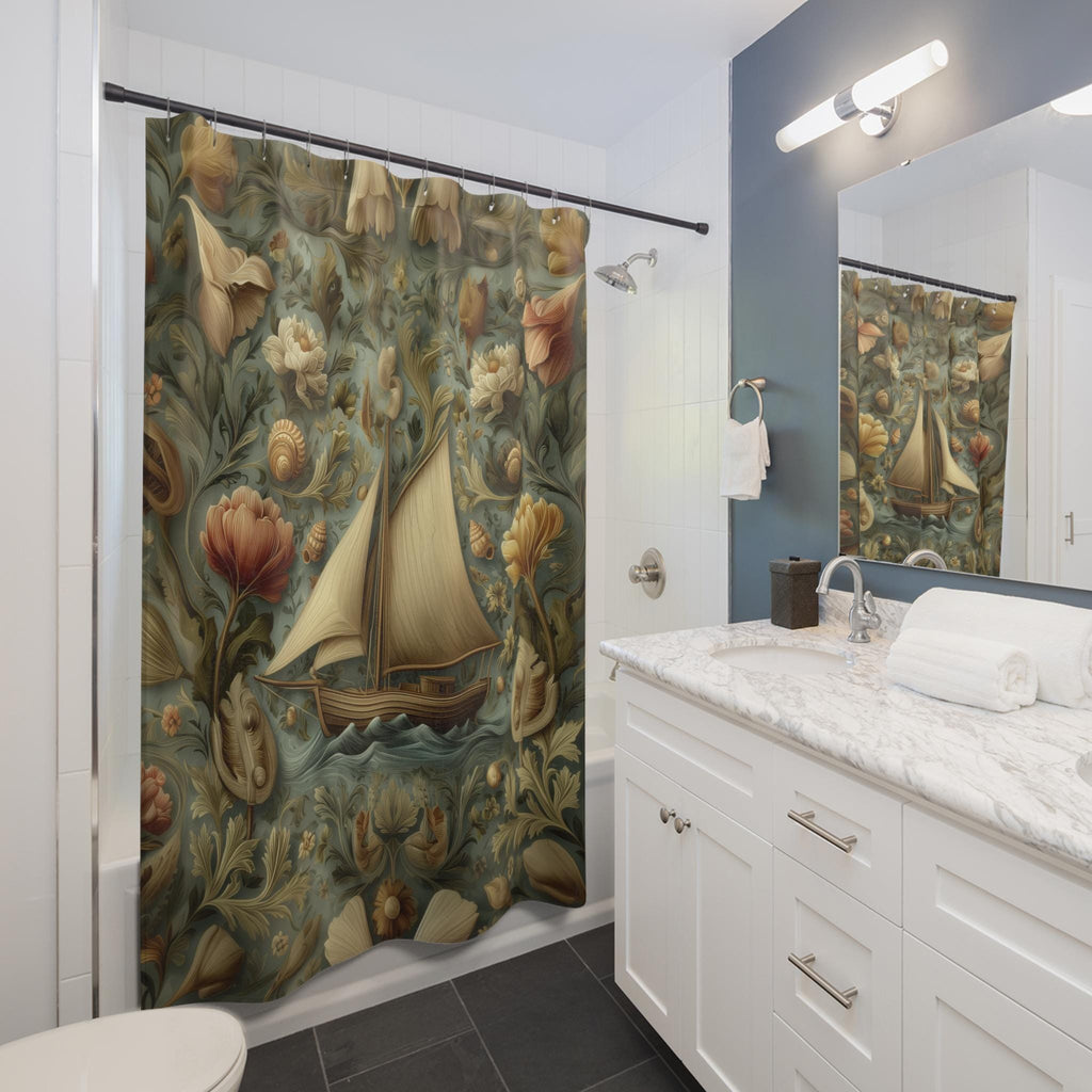 William Morris Nautical Shower Curtain: Teal & Gold Sailboat Floral