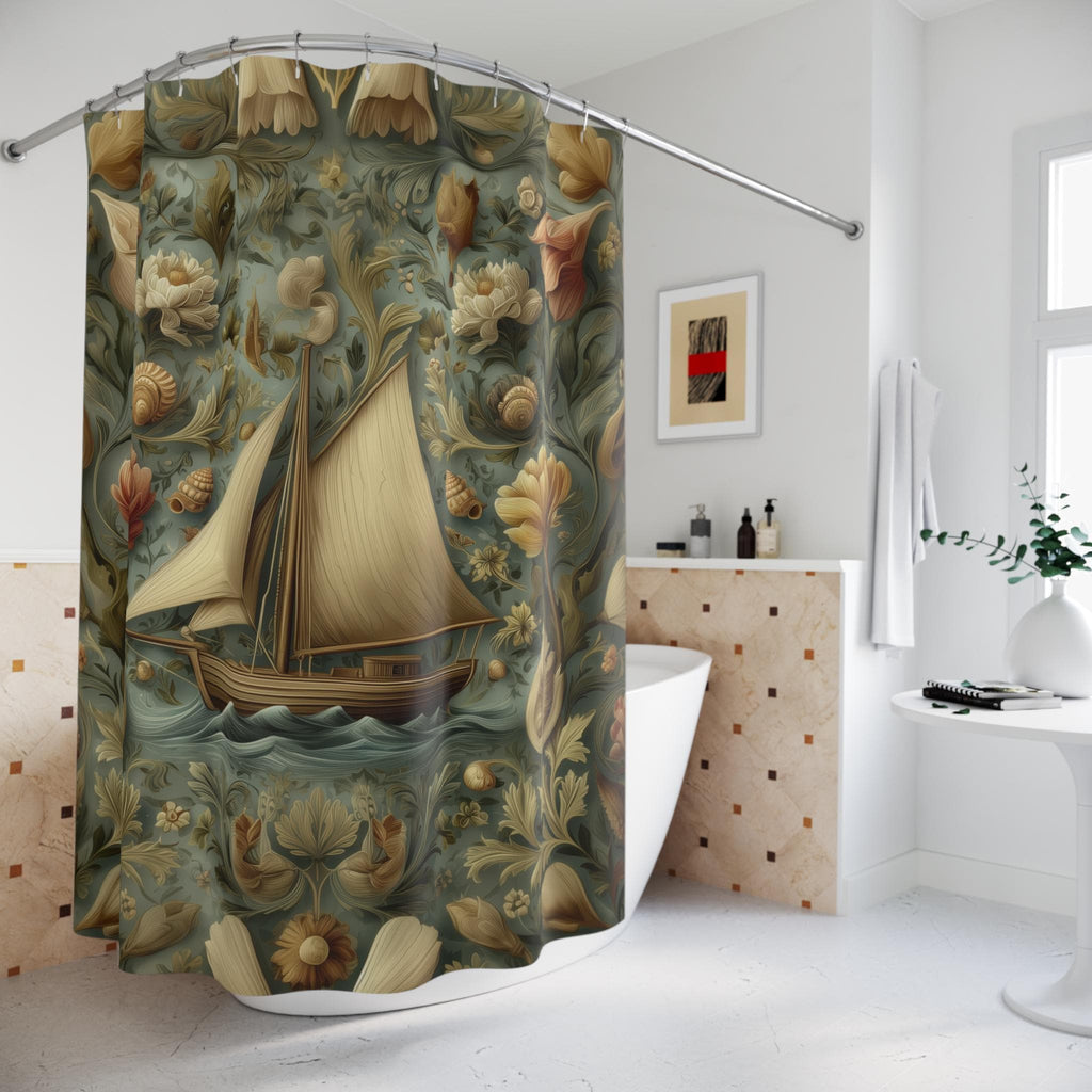 William Morris Nautical Shower Curtain: Teal & Gold Sailboat Floral