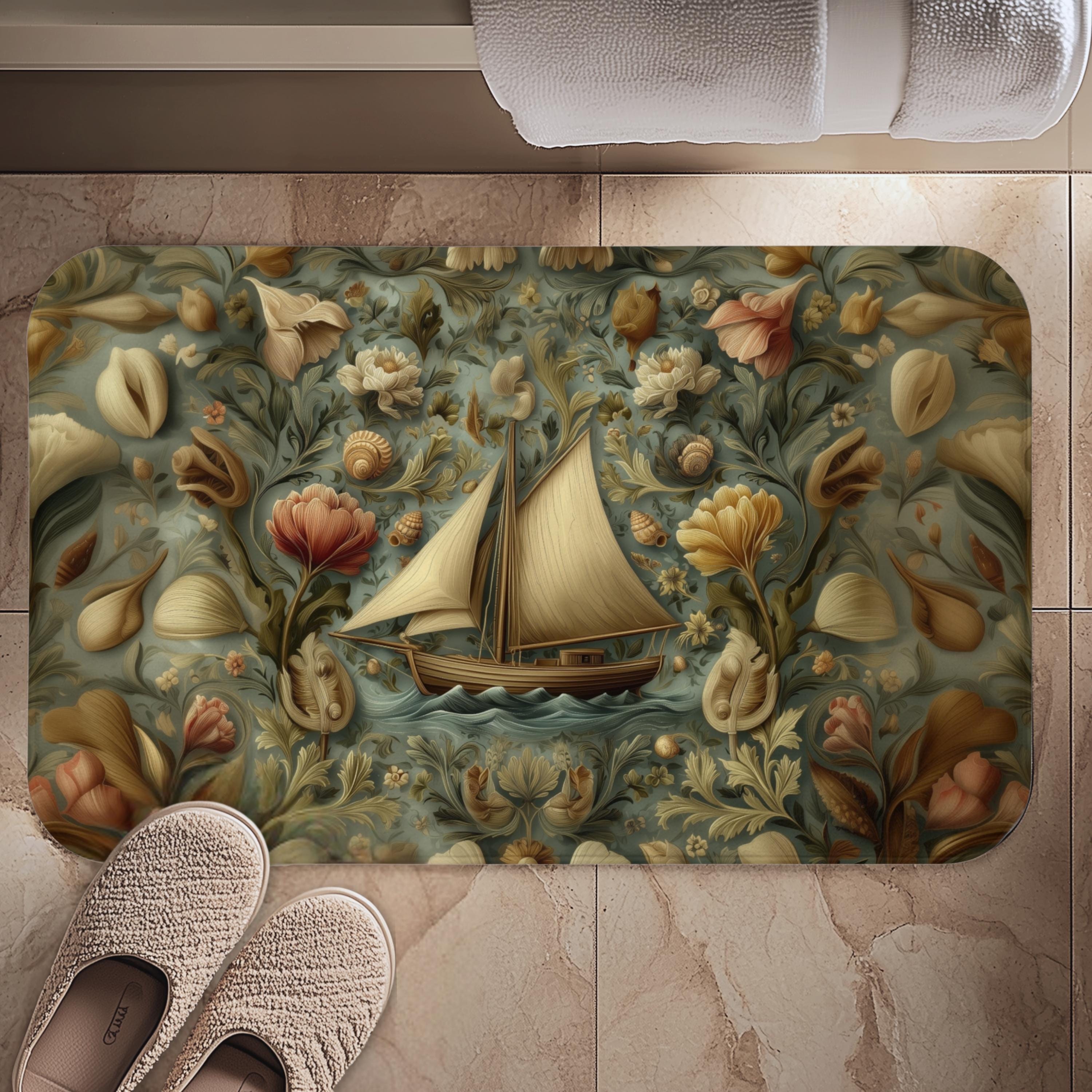 William Morris Inspired Bath Mat: Vintage Style Sailboat Seashell Design