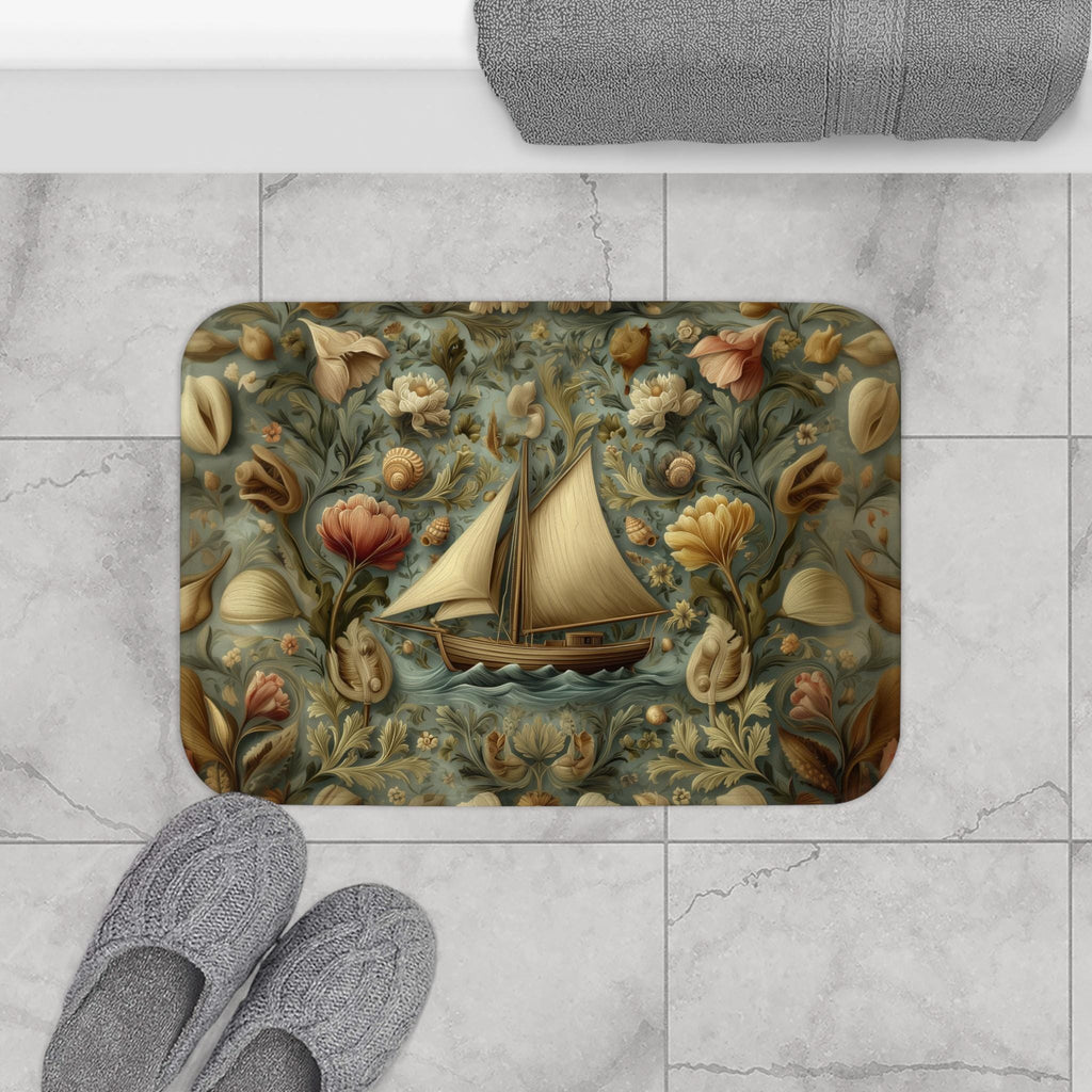 William Morris Inspired Bath Mat: Vintage Style Sailboat Seashell Design