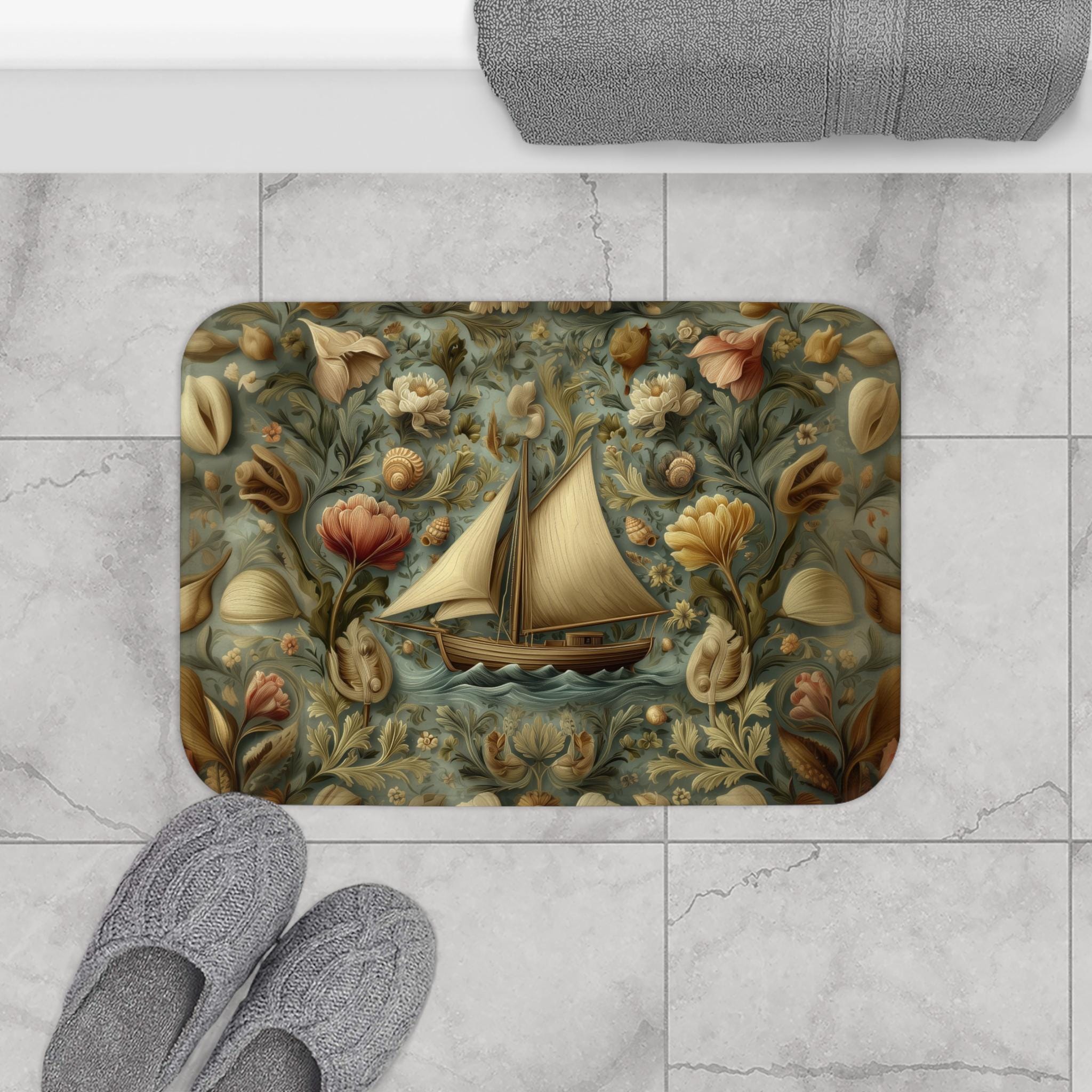 William Morris Inspired Bath Mat: Vintage Style Sailboat Seashell Design