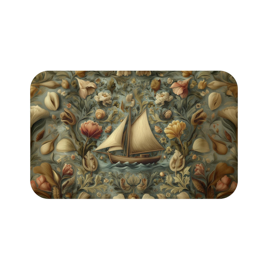 William Morris Inspired Bath Mat: Vintage Style Sailboat Seashell Design