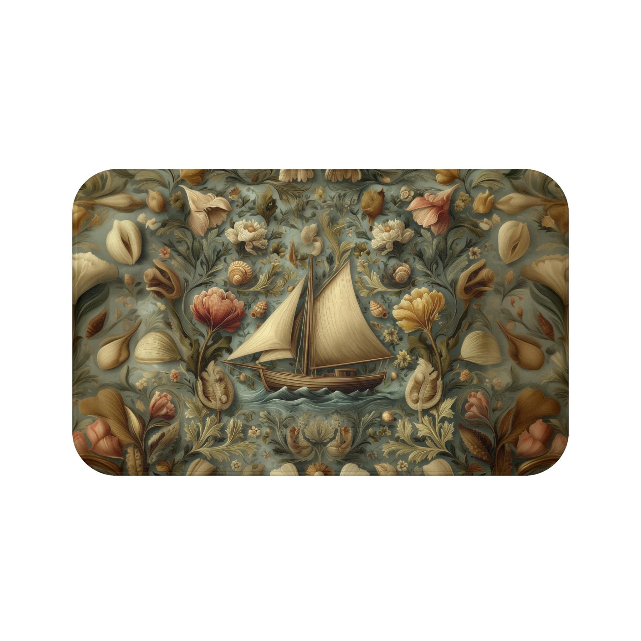 William Morris Inspired Bath Mat: Vintage Style Sailboat Seashell Design