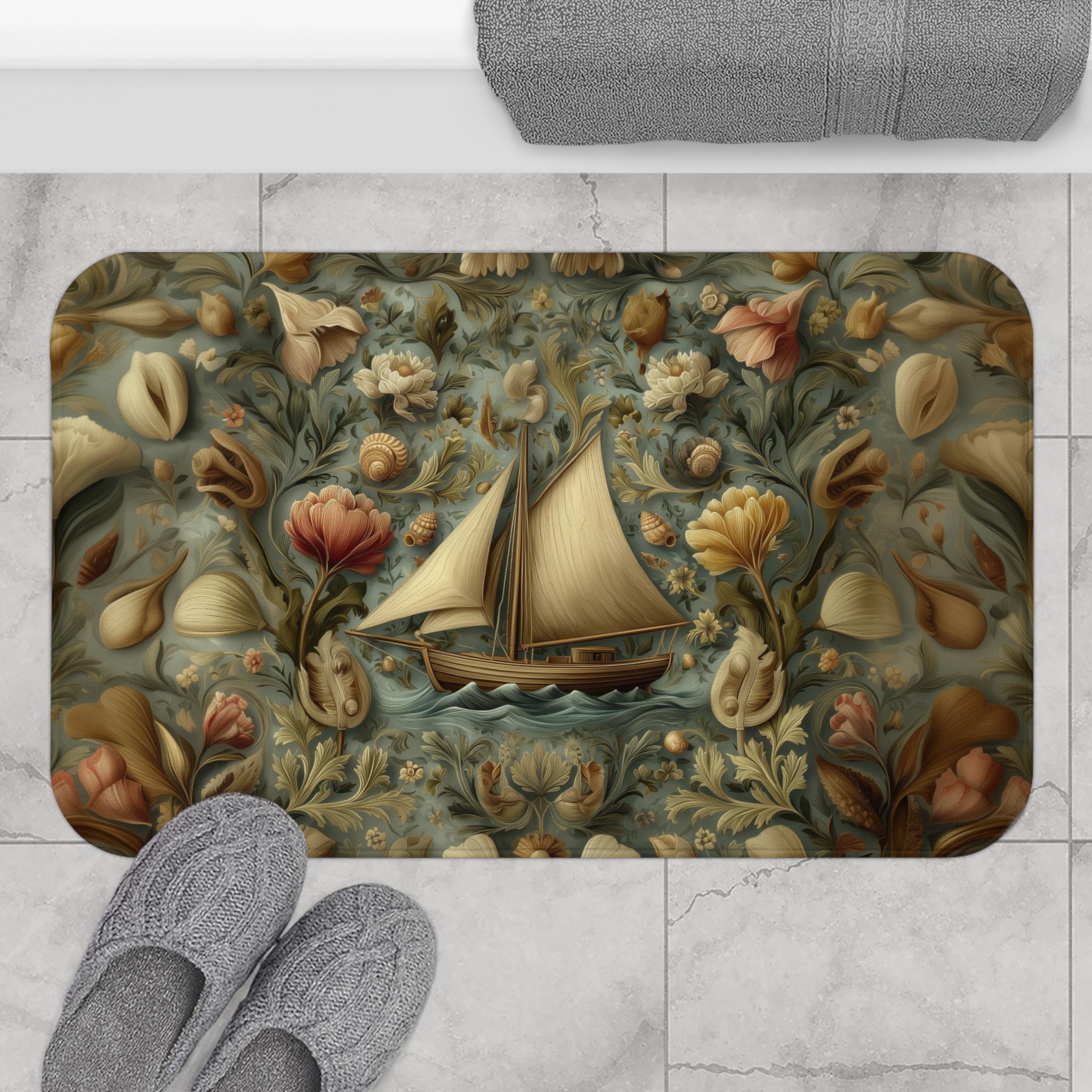 William Morris Inspired Bath Mat: Vintage Style Sailboat Seashell Design