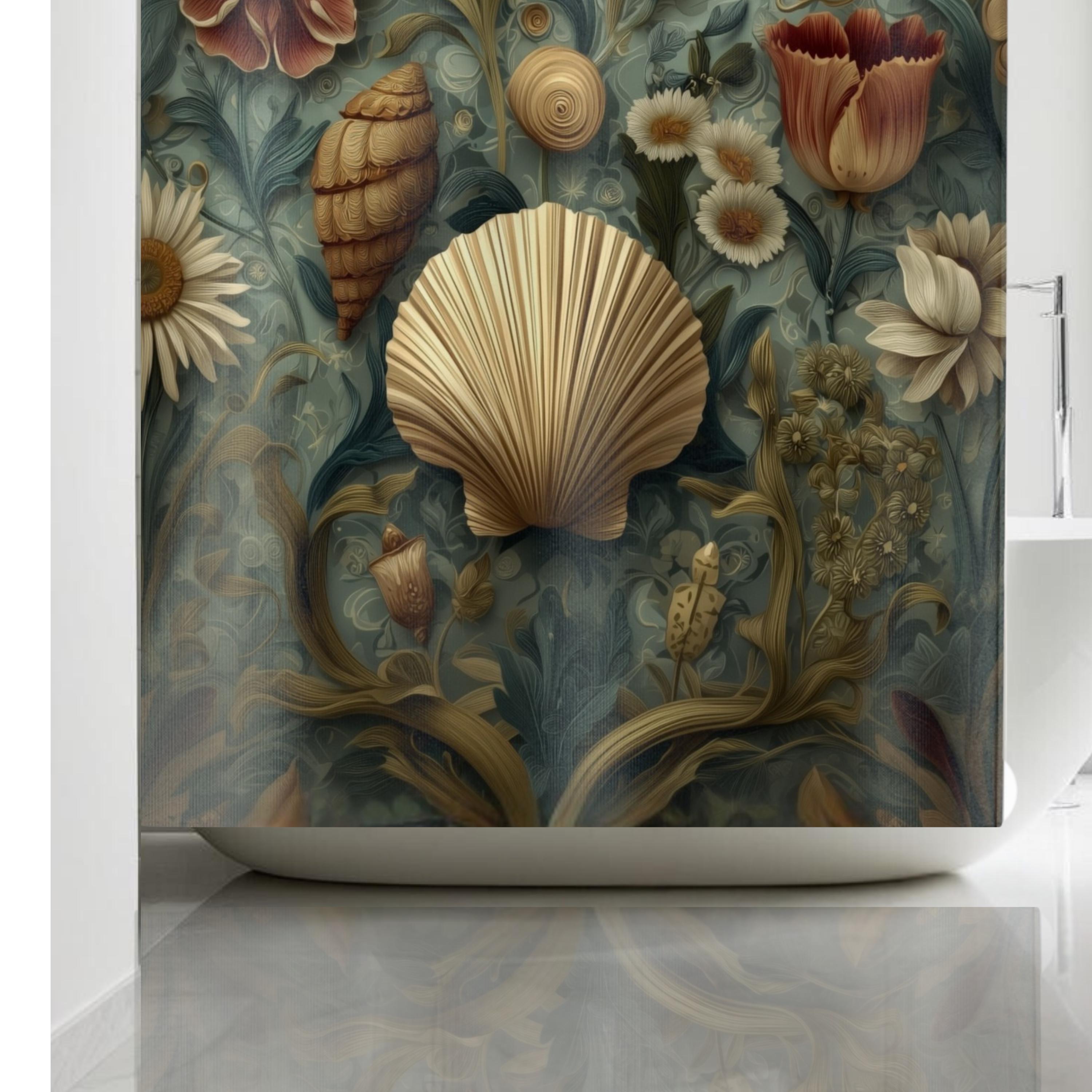 William Morris Seashell Fabric Shower Curtain: Coastal Cottage Bathroom Decor