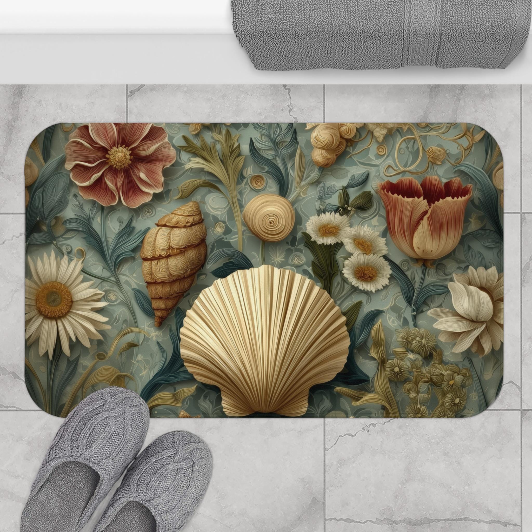 William Morris Seashell Bath Mat:  Coastal Cottage Bathroom Decor