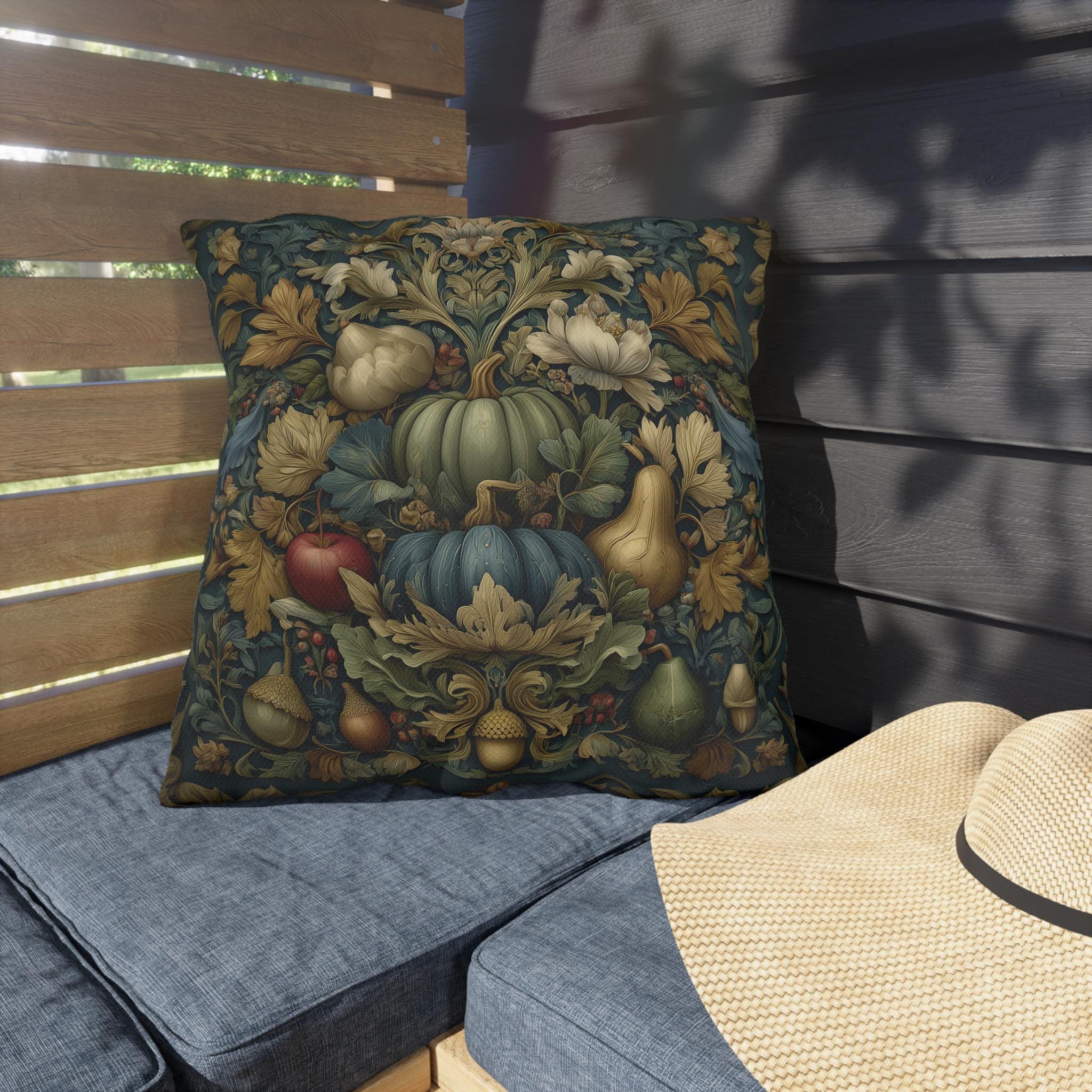 William Morris Outdoor Pillow Fall Harvest Tapestry Style Pumpkin Botanical Autumn Porch Decor