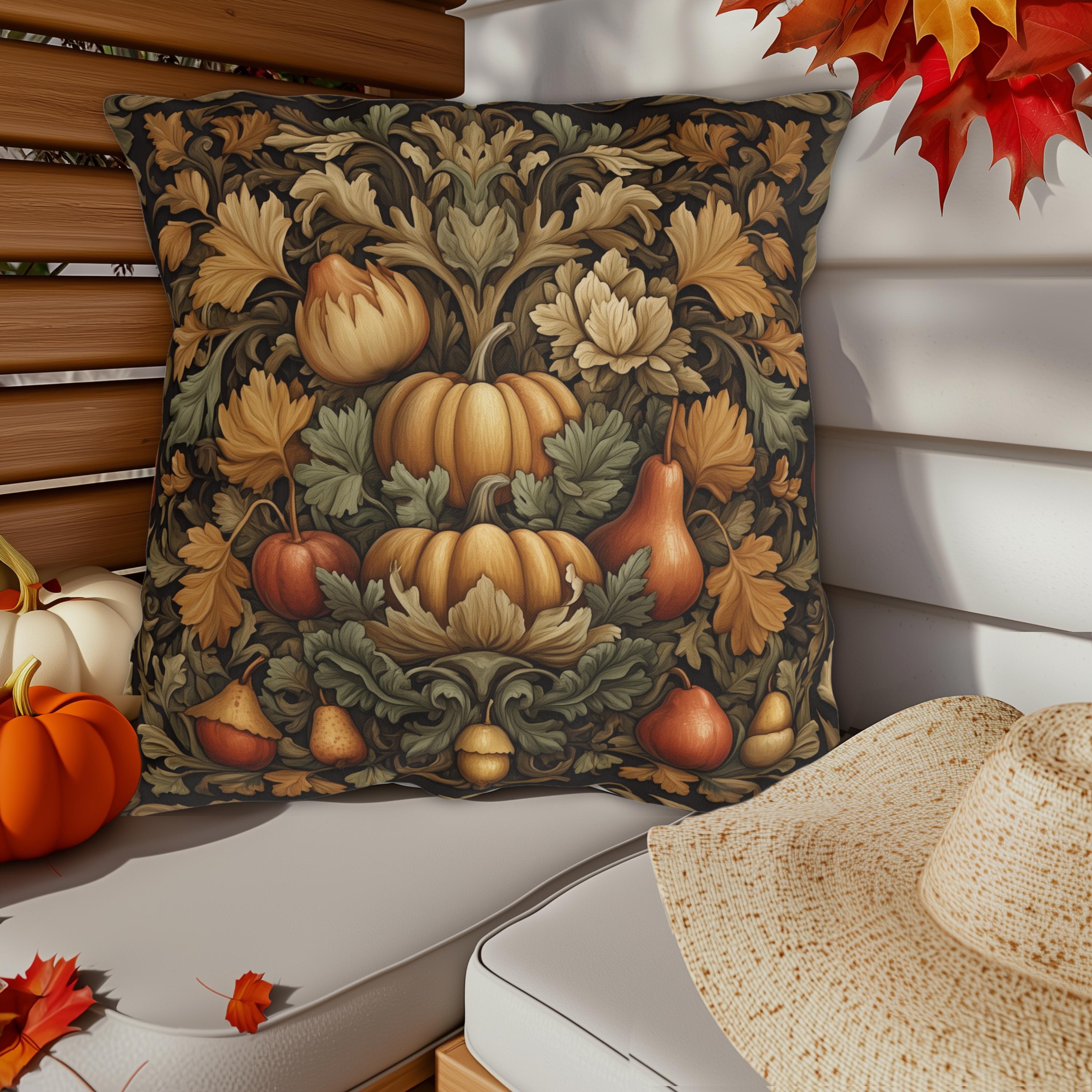 William Morris Outdoor Pillow: Autumn Harvest Tapestry Pumpkin Fall Vintage Style Porch Decor