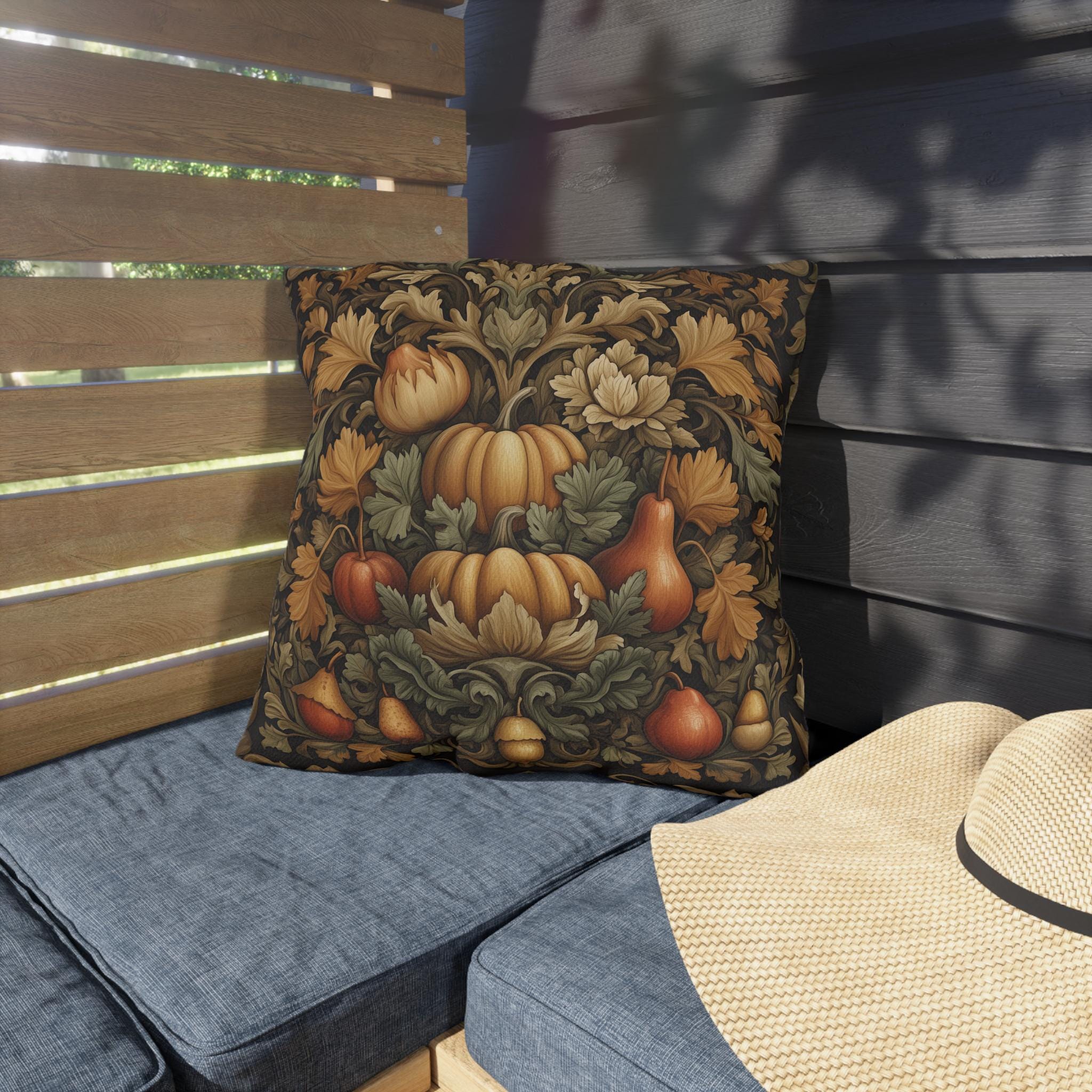 William Morris Outdoor Pillow: Autumn Harvest Tapestry Pumpkin Fall Vintage Style Porch Decor